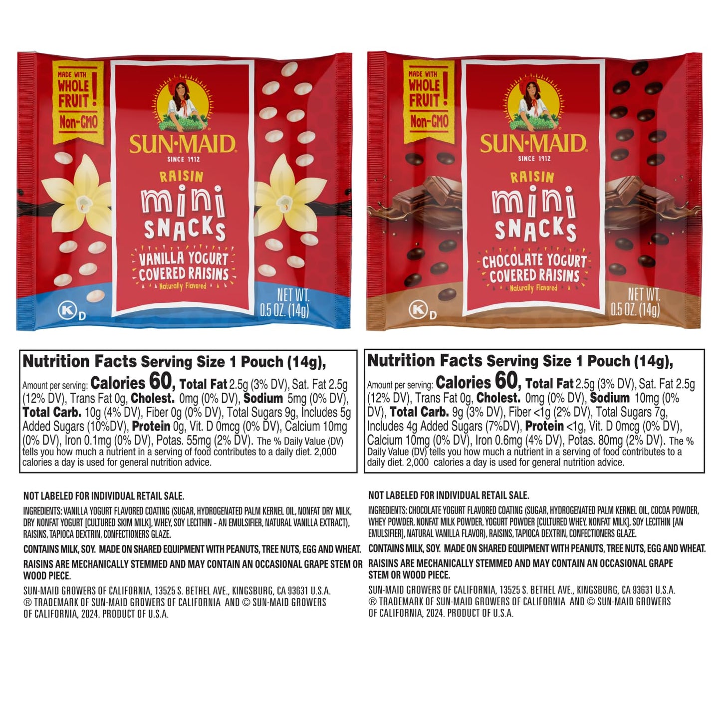 Sun-Maid Vanilla & Chocolate Yogurt Coated Raisins Variety Pack - (36 Pack) 0.5 oz Mini Snack-Size Bag - Yogurt Covered Dried Fruit for Lunches and Back to School Snacks (large online retailer limited availability)