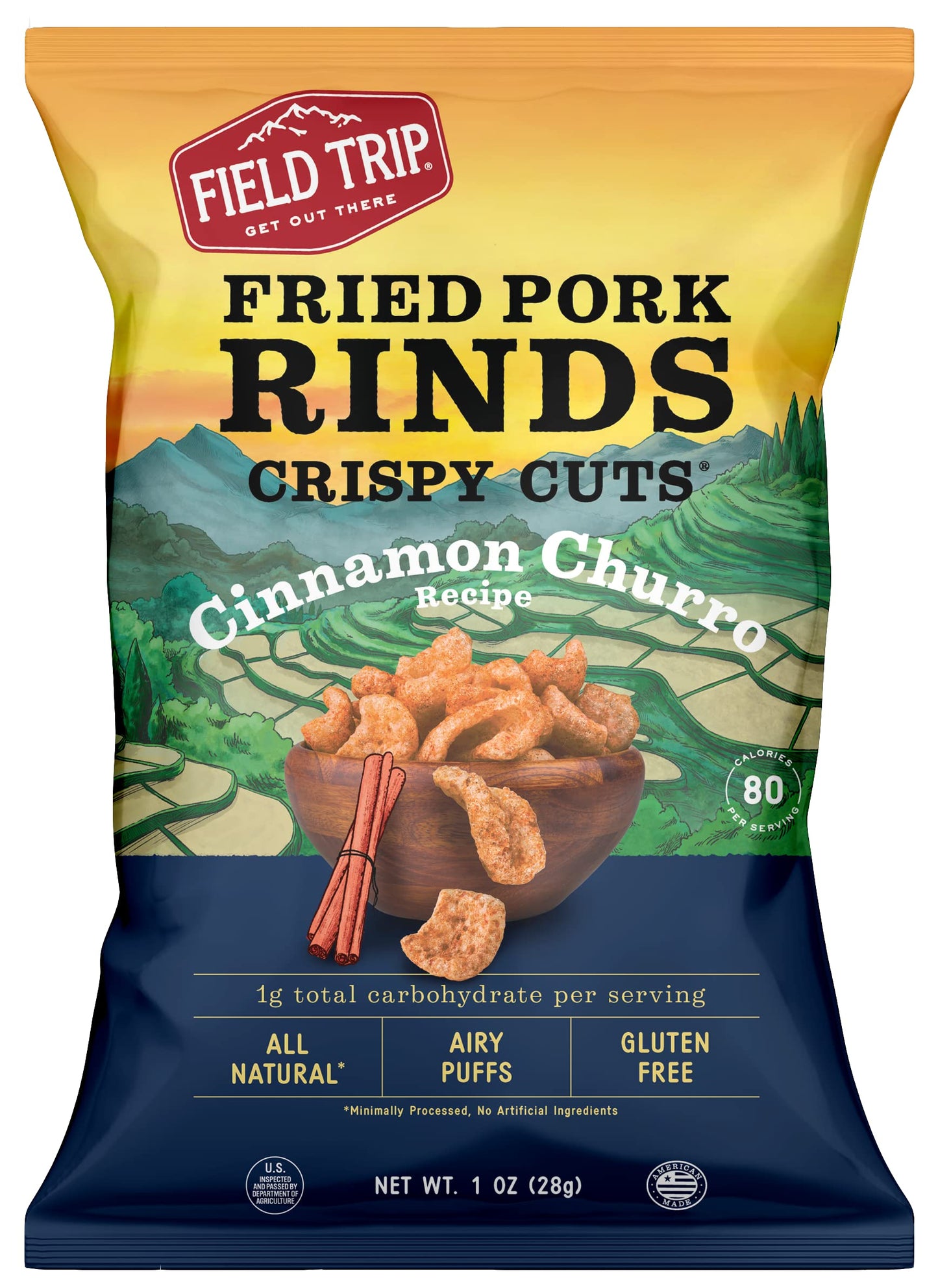 Field Trip Crispy Cuts Pork Rinds, Keto Snack, High Protein, Gluten Free, Low Sugar, Low Carb, Cinnamon Churro, 1Oz, 12 Pack, Holiday & Christmas Gift Item