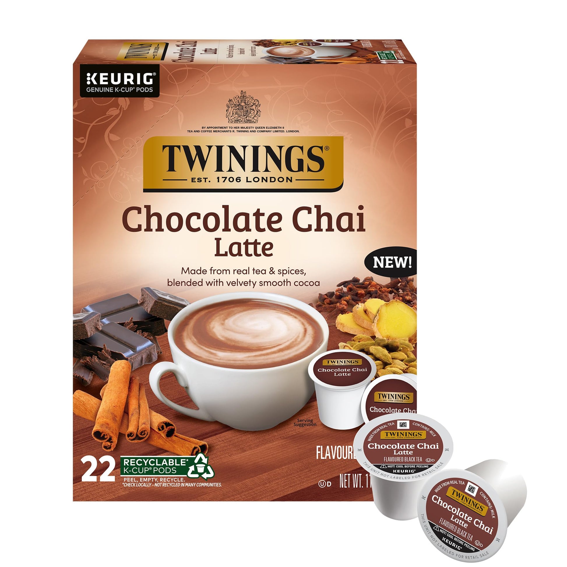 NEW Twinings Chocolate Chai Latte Tea K-Cup Pods for Keurig, 22 Count (Pack of 1), Velvety Smooth Cocoa with Real Spiced Tea, Ca