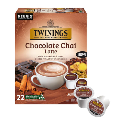 NEW Twinings Chocolate Chai Latte Tea K-Cup Pods for Keurig, 22 Count (Pack of 1), Velvety Smooth Cocoa with Real Spiced Tea, Ca