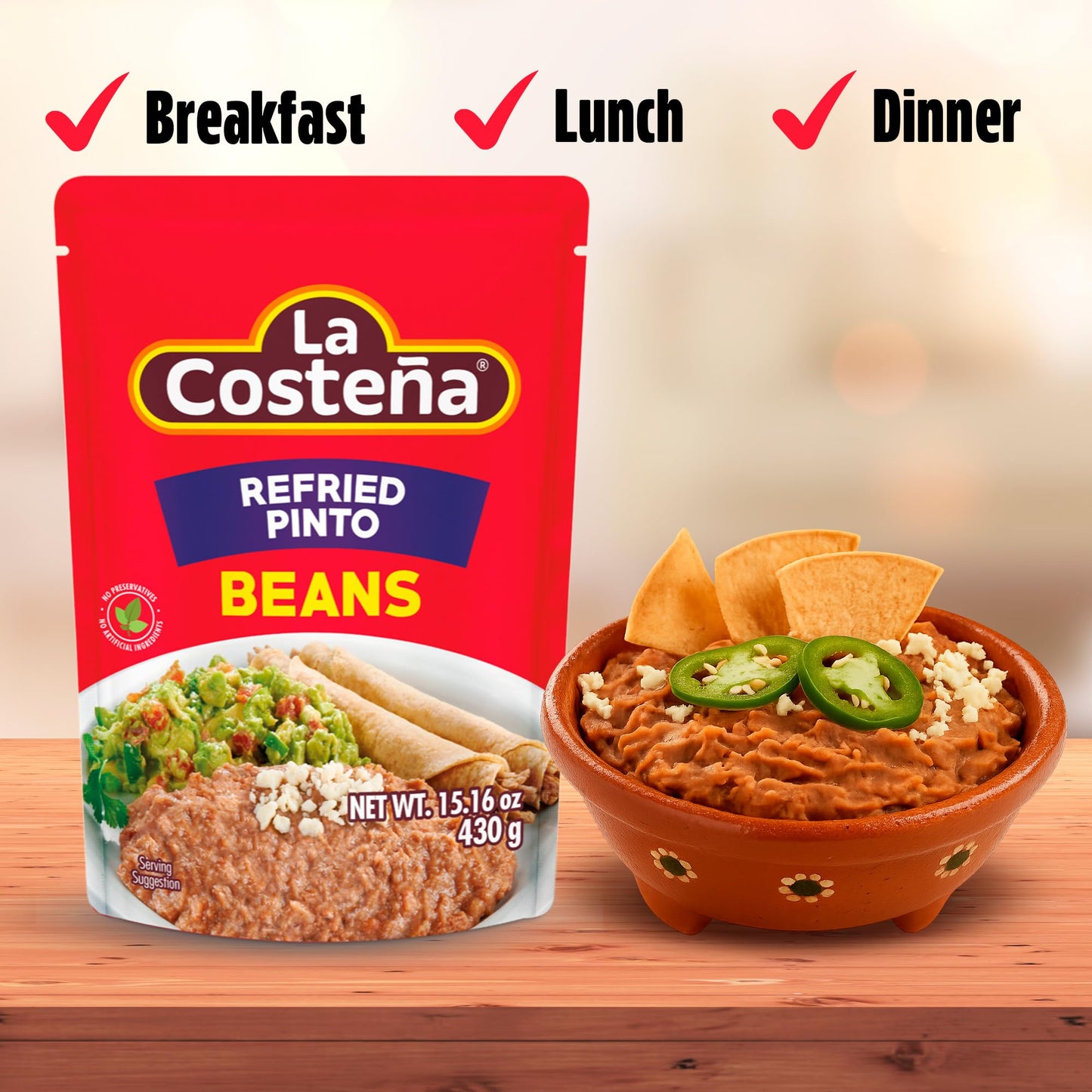 La Costeña Refried Pinto Beans, Microwaveable Pouch, 15.16 Oz, Pack of 8, Pinto Color