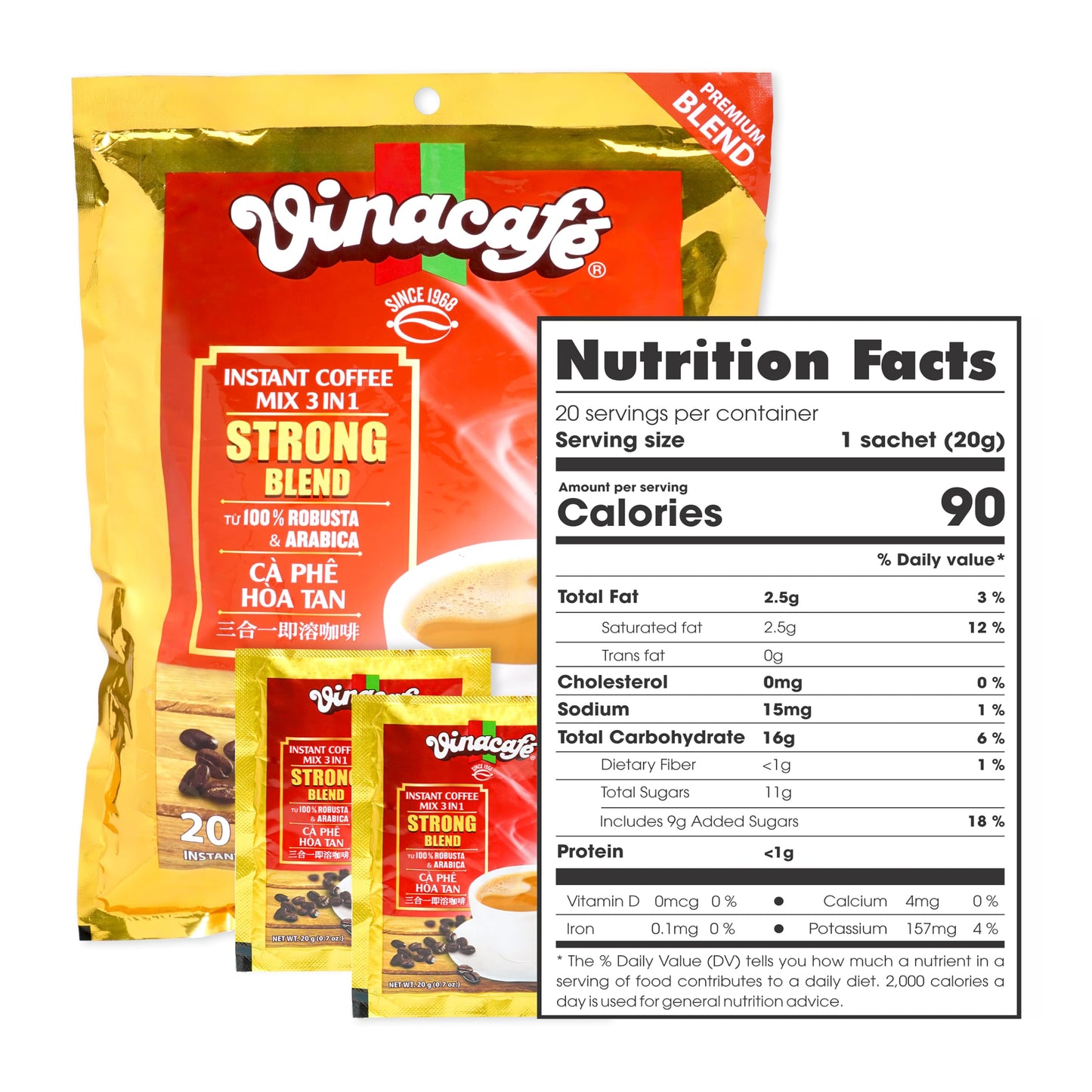Vinacafe 3 in 1 Instant Coffee - Strong Rich Blend, 60 Sachets (3 Bags of 20)