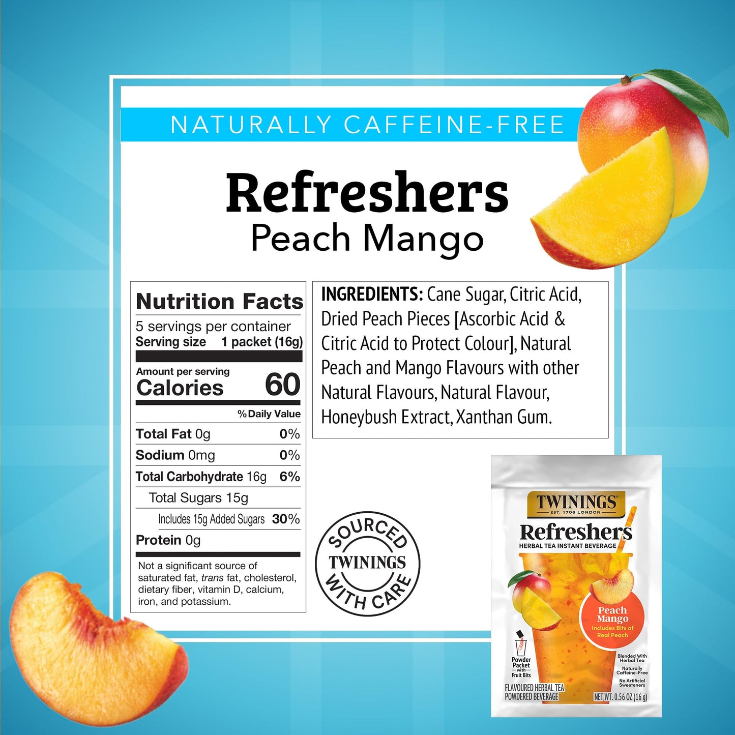 NEW Twinings Peach Mango Refreshers  Herbal Tea Instant Beverage with Real Peach Fruit Bits  5 Count (Pack of 6)  Caf? Style  No Artificial Sweeteners  Naturally Caffeine-Free Refreshment  30 Packets