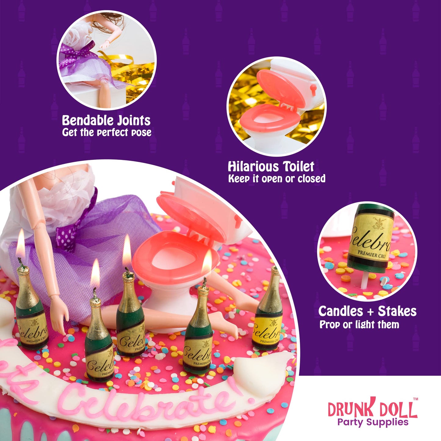 Drunk Doll Cake Toppers - Funny Bachelorette Party Decoration Kit - 8 Piece Set - African American