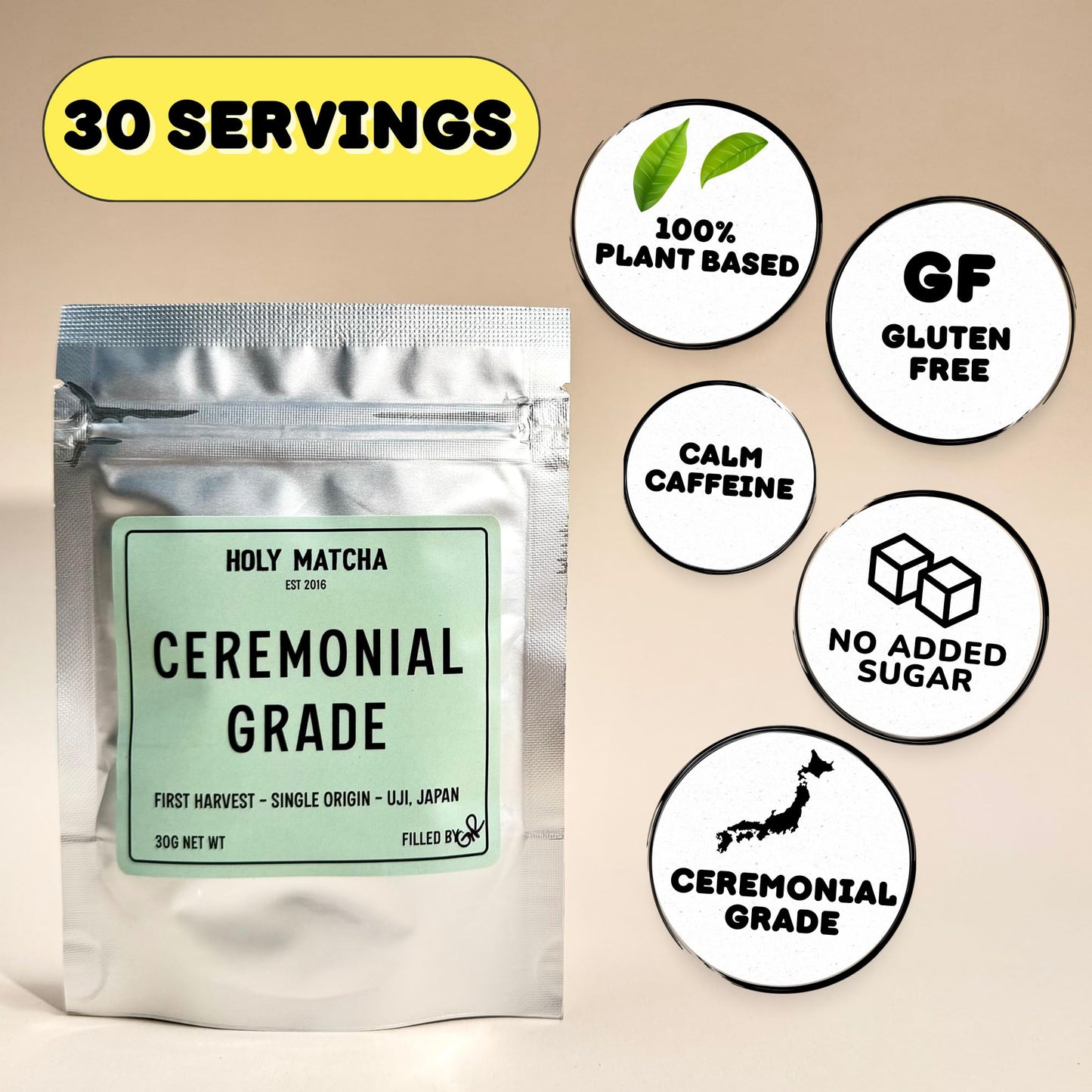 HOLY MATCHA Ceremonial Green Tea Powder - Antioxidant Superfood, 30 Servings, Matcha Green Tea, 1.06 Ounce