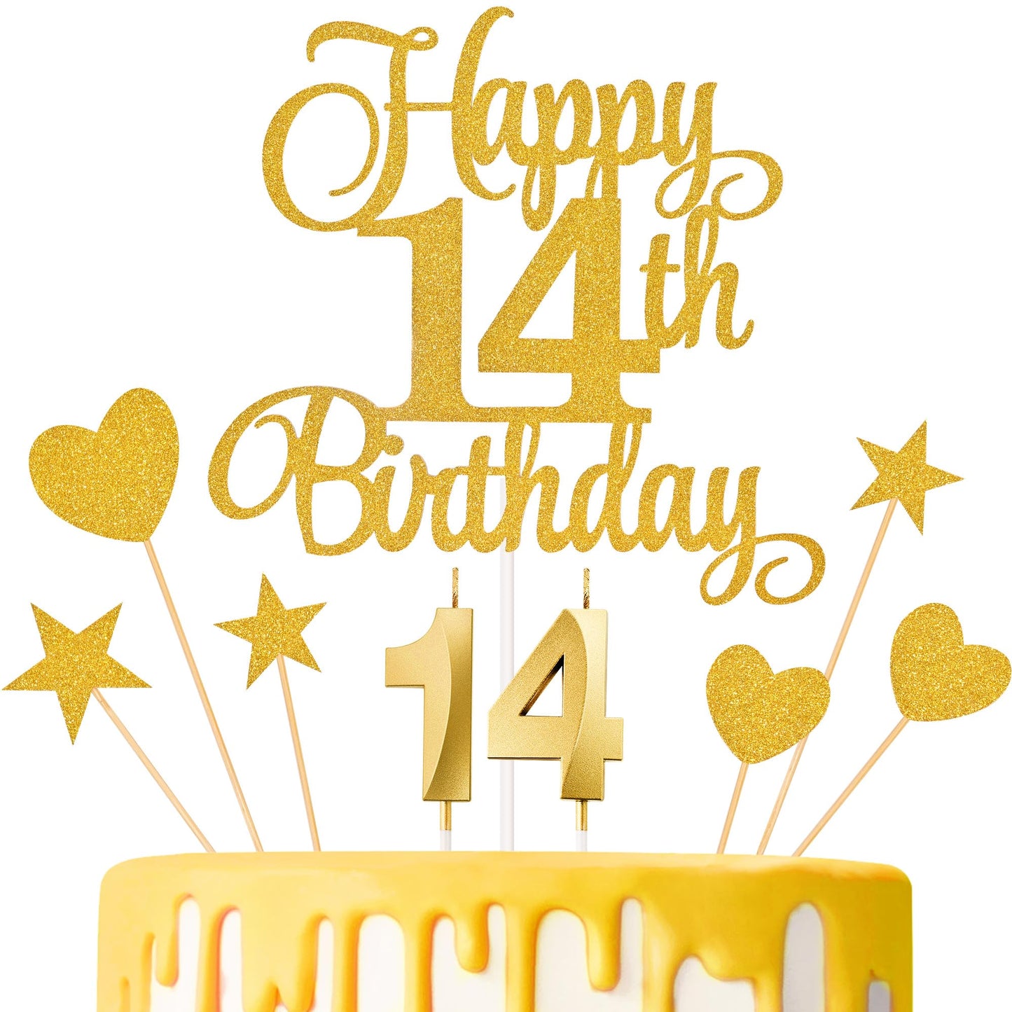 Lecferrarc 14th Birthday Cake Decorations Set, Gold Glitter Toppers & Candles, 7 inches, Paper