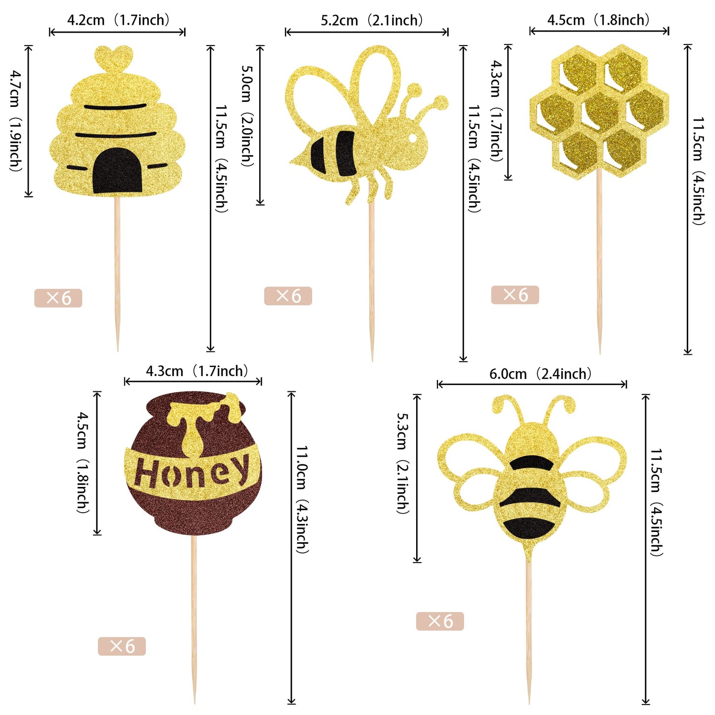 Rssta i Bumble Bee Cupcake Toppers - 30 Pack Gold Glitter Honeycomb Picks for Baby Shower & Birthday Party - Design 1