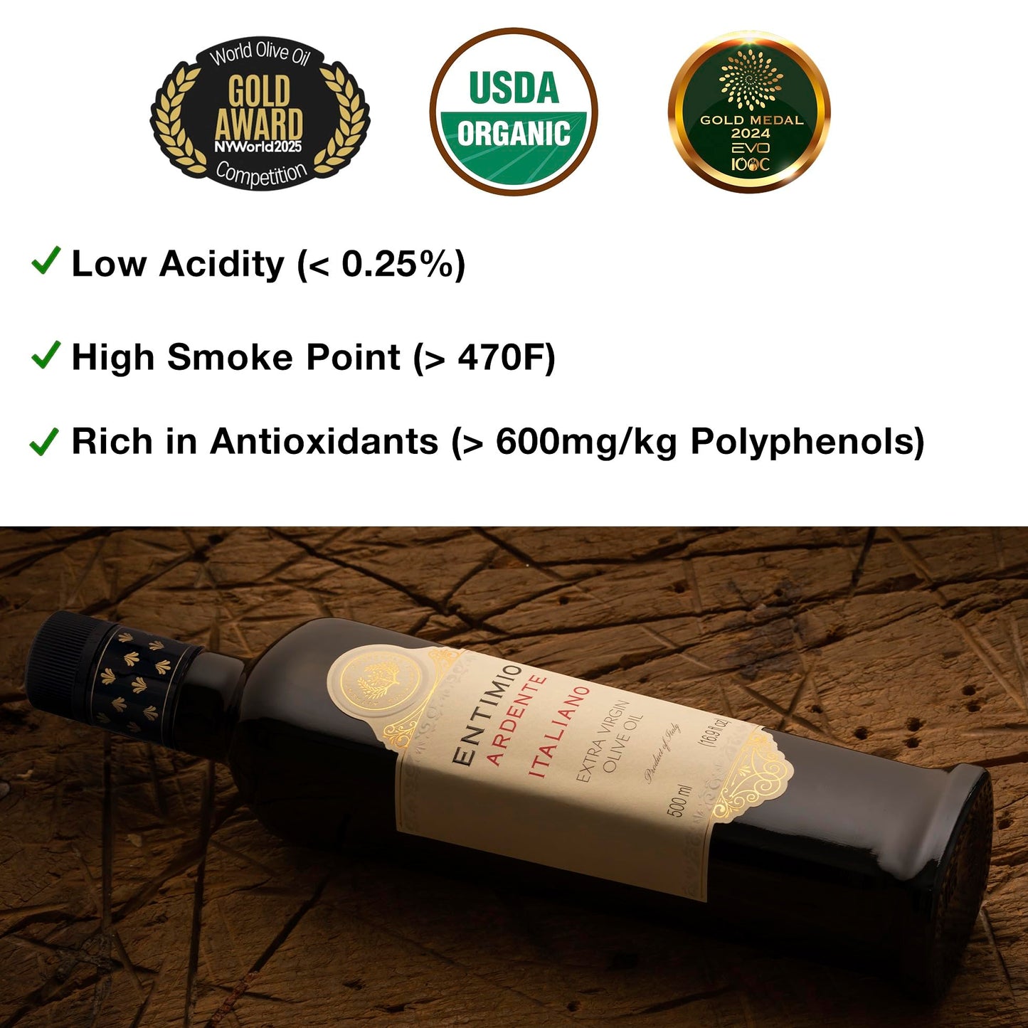 ENTIMIO Organic Extra Virgin Olive Oil, Polyphenol Rich, Cold Extracted, 16.9 fl oz, 2024-2025 Early Harvest, Gold Winner