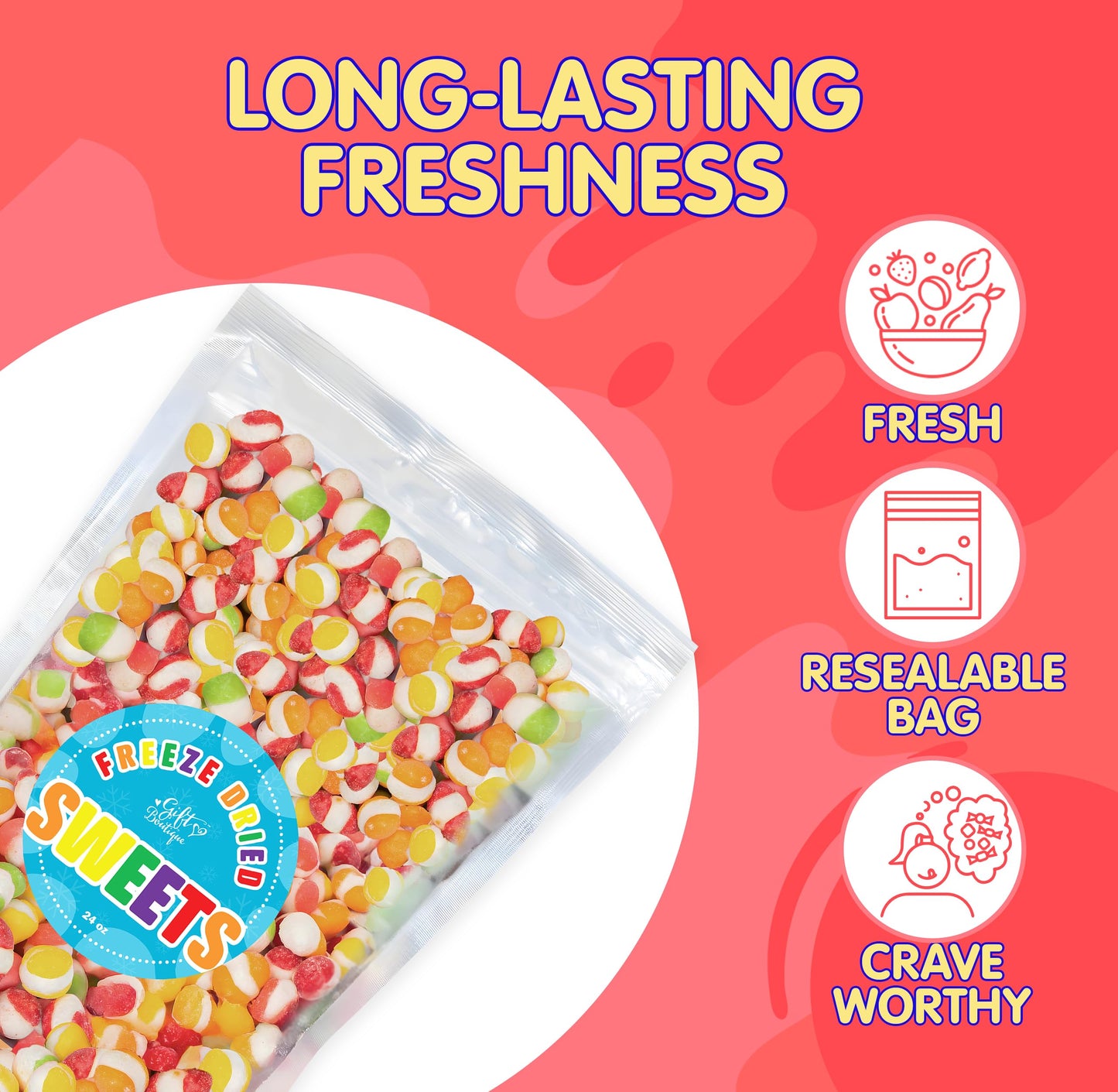Freeze Dried Candy Gourmet Crunch Candies 24Oz Bag Pouch Assorted Cherry Strawberry Lemon Lime Orange Original Rainbow Fruity Fl