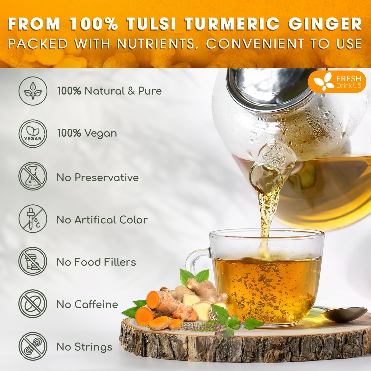 FRESHDRINKUS Premium Tulsi Turmeric Ginger Tea Bags, 100% Natural, 55 Count, Vegan, No Sugar, No Caffeine