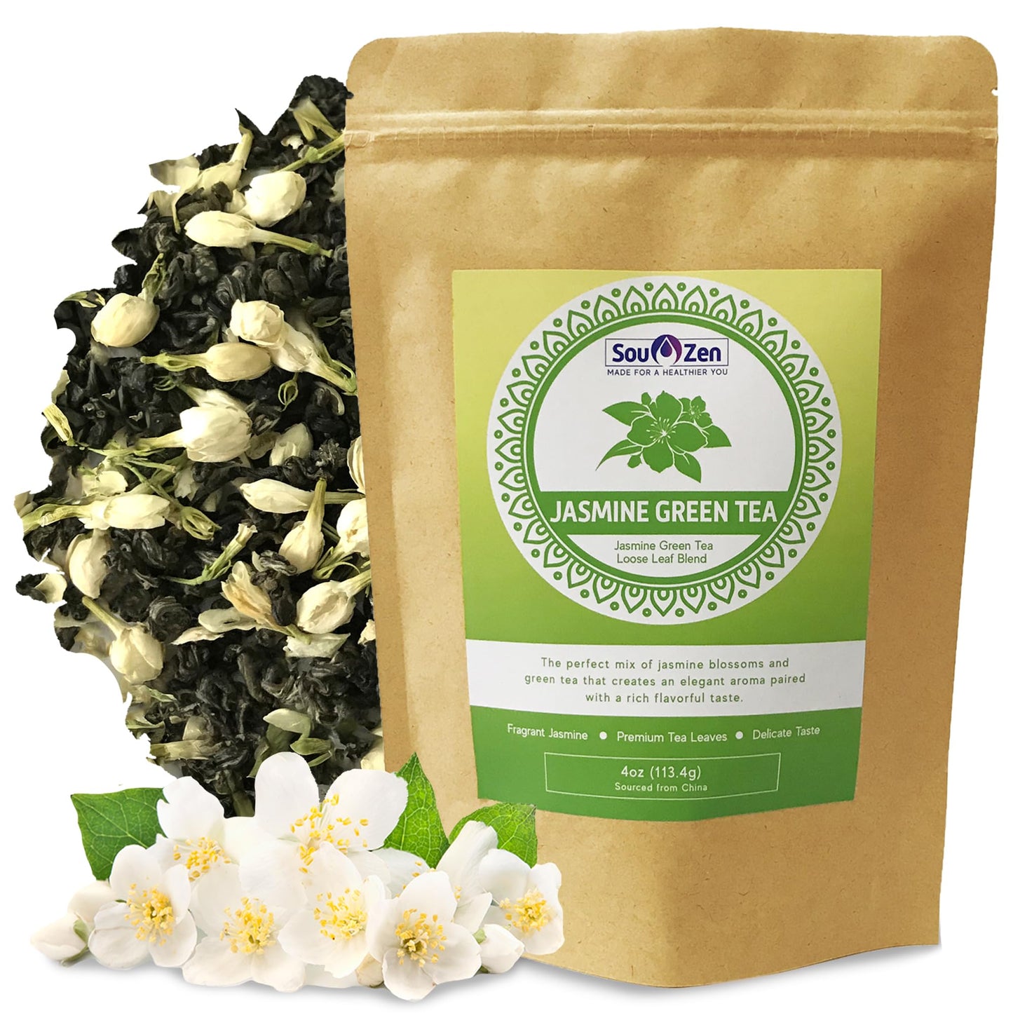 Sou Zen Jasmine Green Tea Loose Leaf Blend 4Oz (113G) | Top-Grade Quality Tea Leaves And Flowers | Raw With Naturally Organic Antioxidants | Relaxing And Revitalizing Tea With No Additives