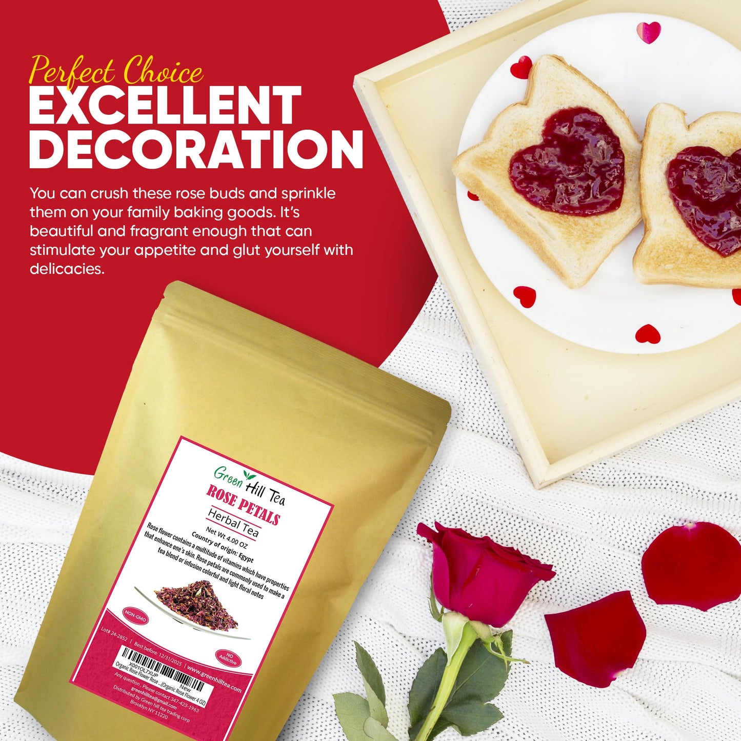 Greenhilltea Premium Dried Rose Petals - Edible Flowers for Drinks & Baking - 4 OZ - Caffeine Free Herbal Tea Infusions