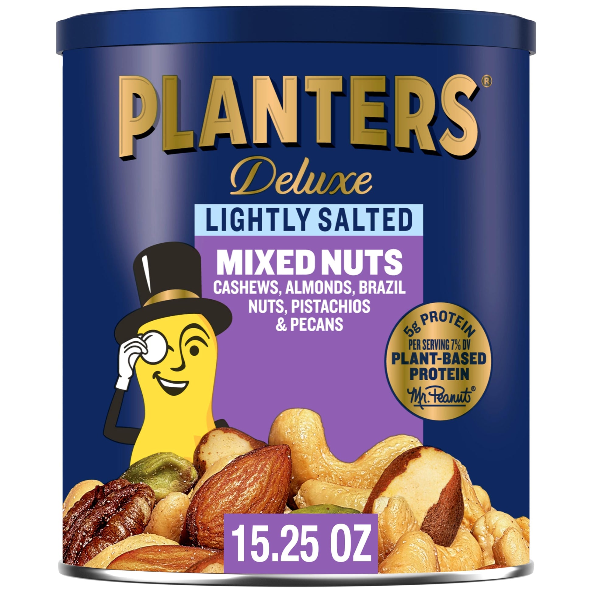 PLANTERS Deluxe Mixed Nuts, Cashews, Almonds, Pistachios, Pecans, Lightly Salted, 15.25oz, Snack for Adults and Kids
