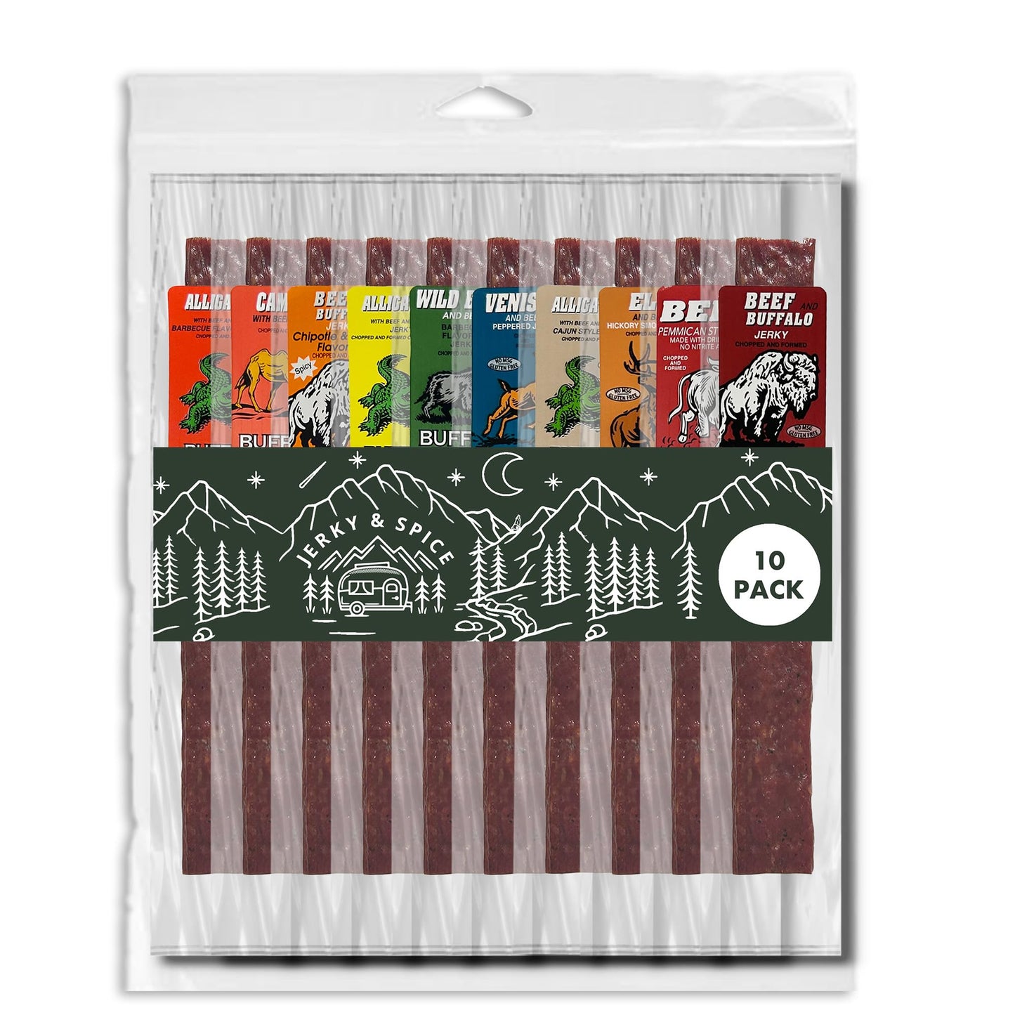 Jerky-n-Spice Exotic Jerky Variety Pack, 10 Count, High Protein Meat Snacks, Ideal for Gifts, Camping, and Road Trips