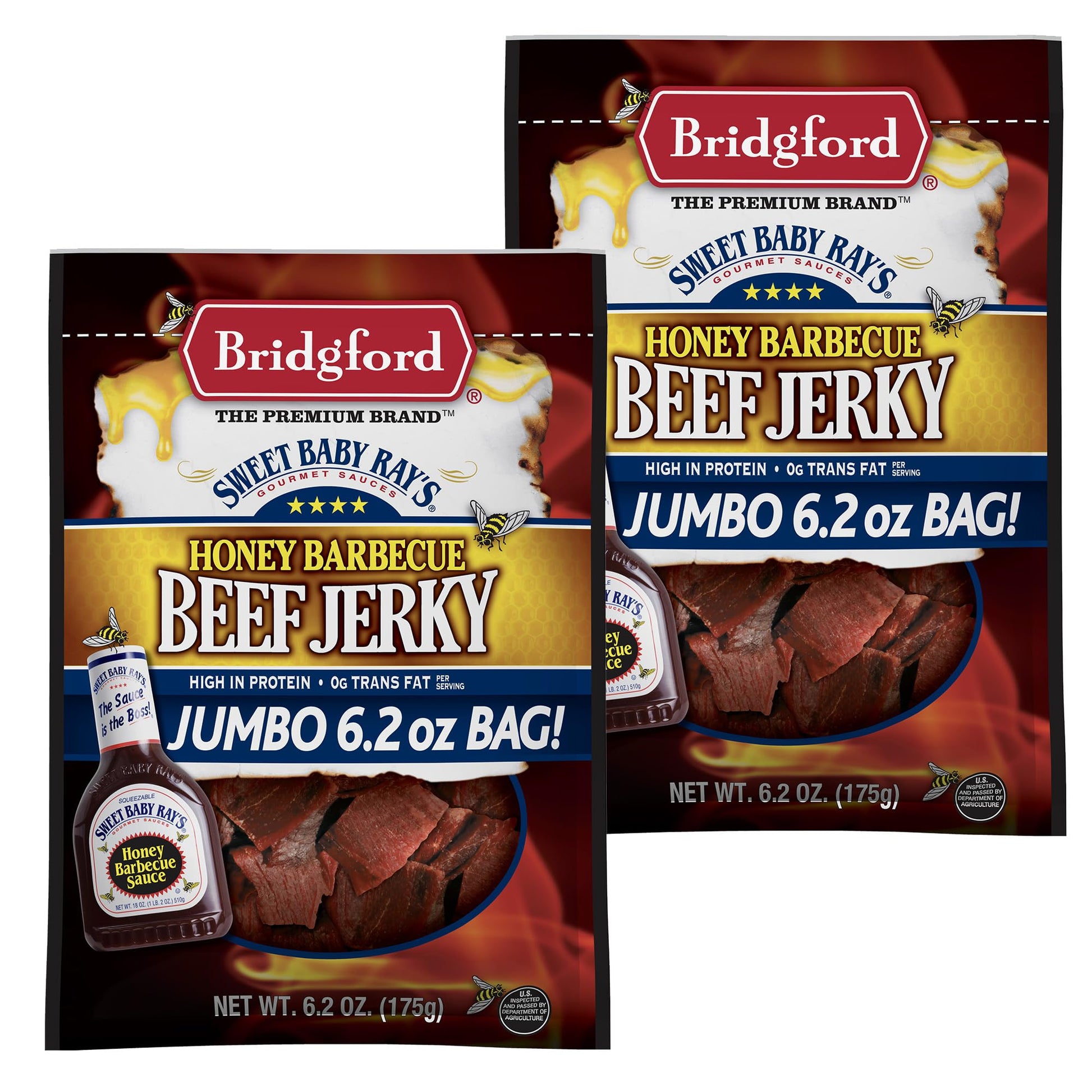 Bridgford Beef Jerky Honey BBQ - High Protein Snack, 6.2 oz Pack of 2, Naturally Smoked, Ready to Eat