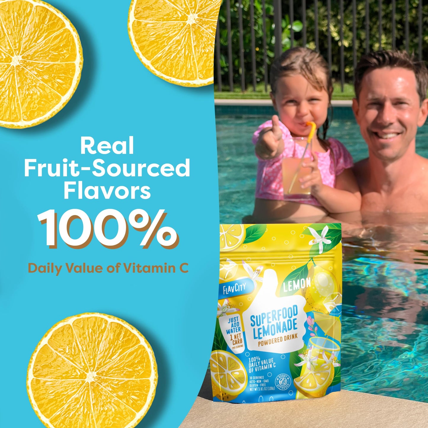 FlavCity Superfood Lemonade Drink Mix - Sugar-Free Lemonade Powder with Real Crystallized Lemon & Organic Acerola - 100% DV Vitamin C - Keto  Gluten-Free  Non-GMO (30 Servings)