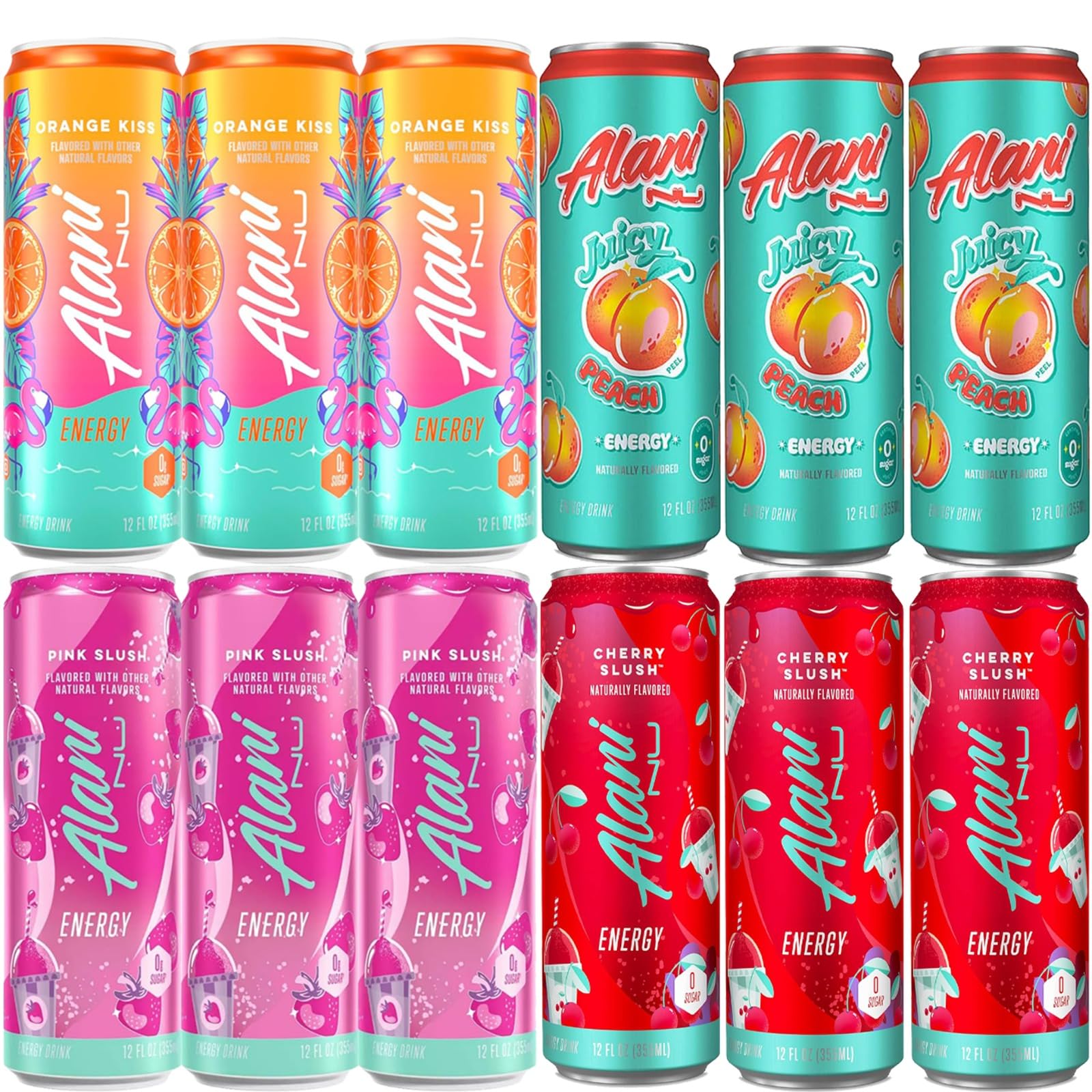 Alani. Nu Energy Drink Variety Pack | (Pack Of 12) | 4 Different Flavors : Orange Kiss  Pink Slush  Juicy Peach And Cherry Slush -12 Fl. Oz - By The Munchie Mix