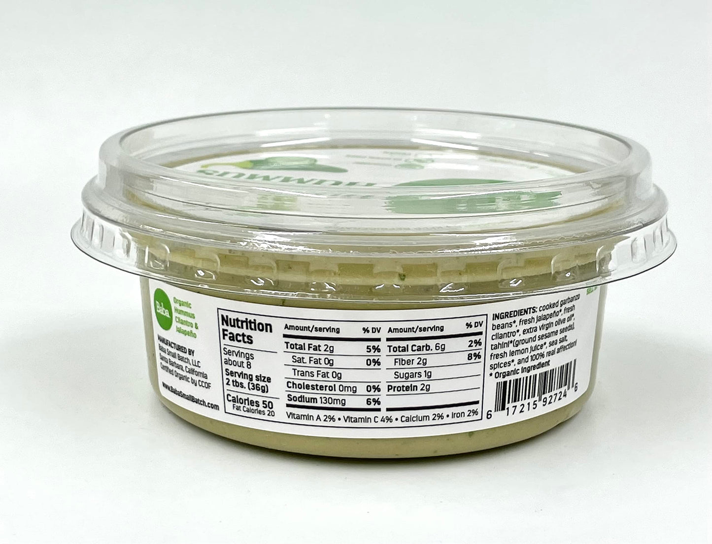 Baba Organic Hummus (8 Oz) - Usda Organic, Gluten Free, Vegan, Non-Gmo, Cholesterol Free, Zero Preservatives (Cilantro & Jalapen