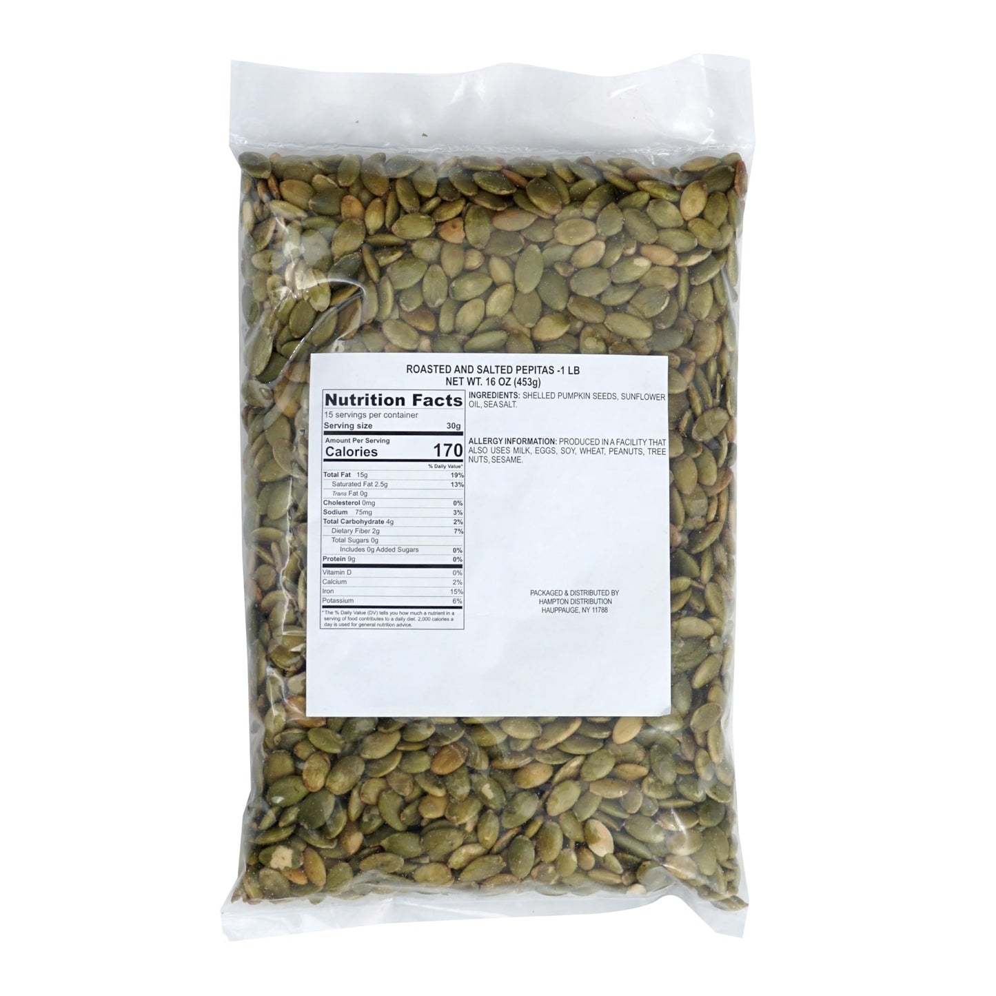 Hampton Distribution Roasted and Salted Pumpkin Seeds, 1 Pound Bag, Pepitas No Shell