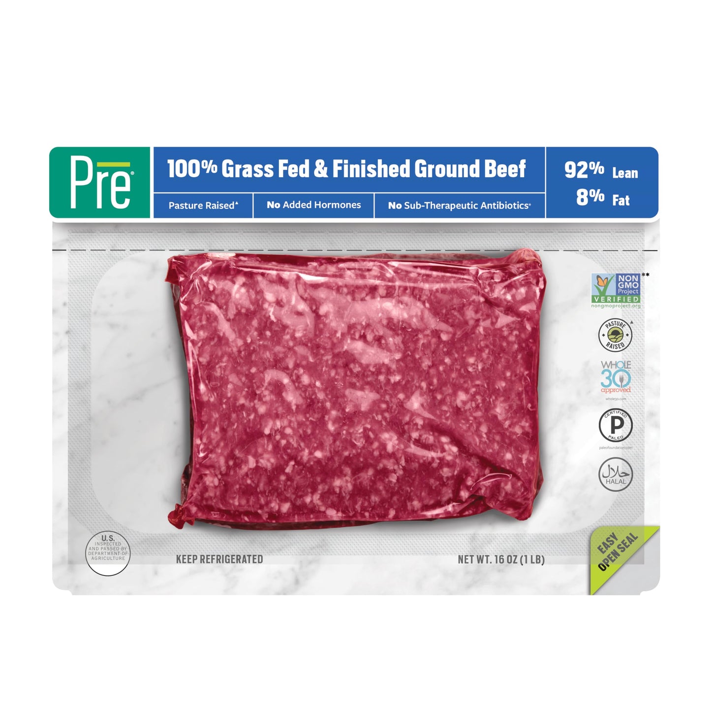 Pre, Ground Beef 92% Lean/8% Fat, Grass-Fed, Pasture-Raised, 1 lb