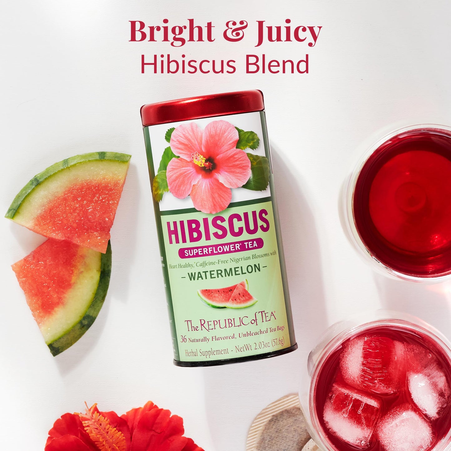The Republic of Tea Hibiscus Watermelon Herbal Tea, 36 Tea Bags, Citrus Berry Flavor