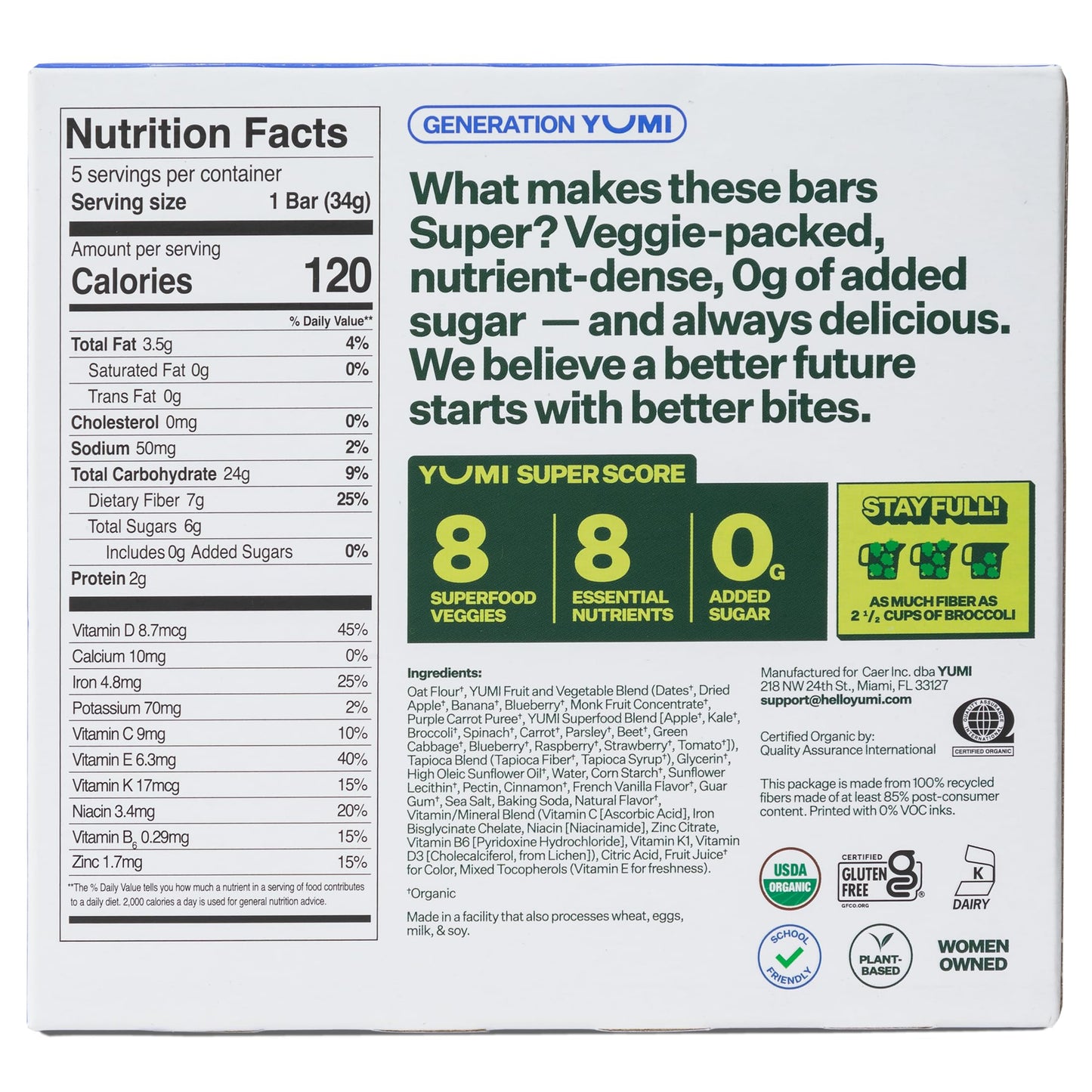 YUMI Organic Breakfast Superbar, Gluten-Free, No Added Sugar, 7+ Vegetables, Soft-Baked Crust, Healthy Snack Bars for Kids, Scho