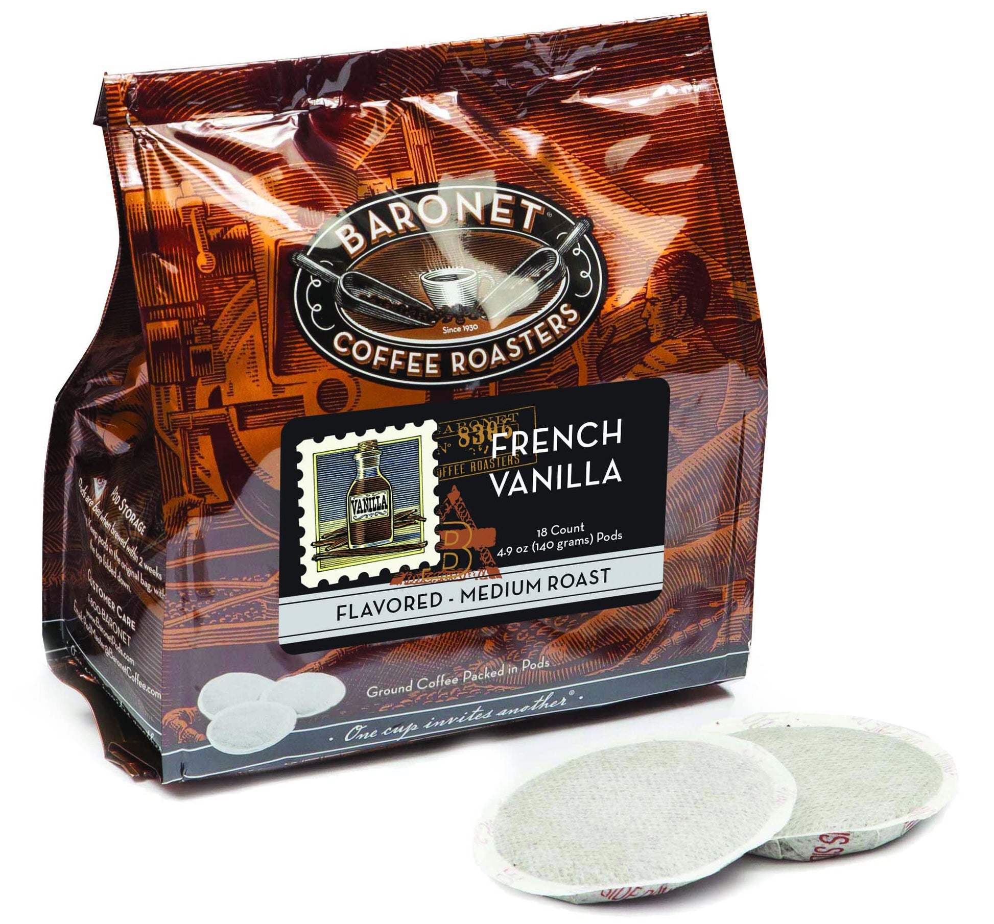Baronet Coffee Pods French Vanilla - 54 Pods (3 Bags of 18 Count) for Senseo Machine, Regular Strength, Medium Roast