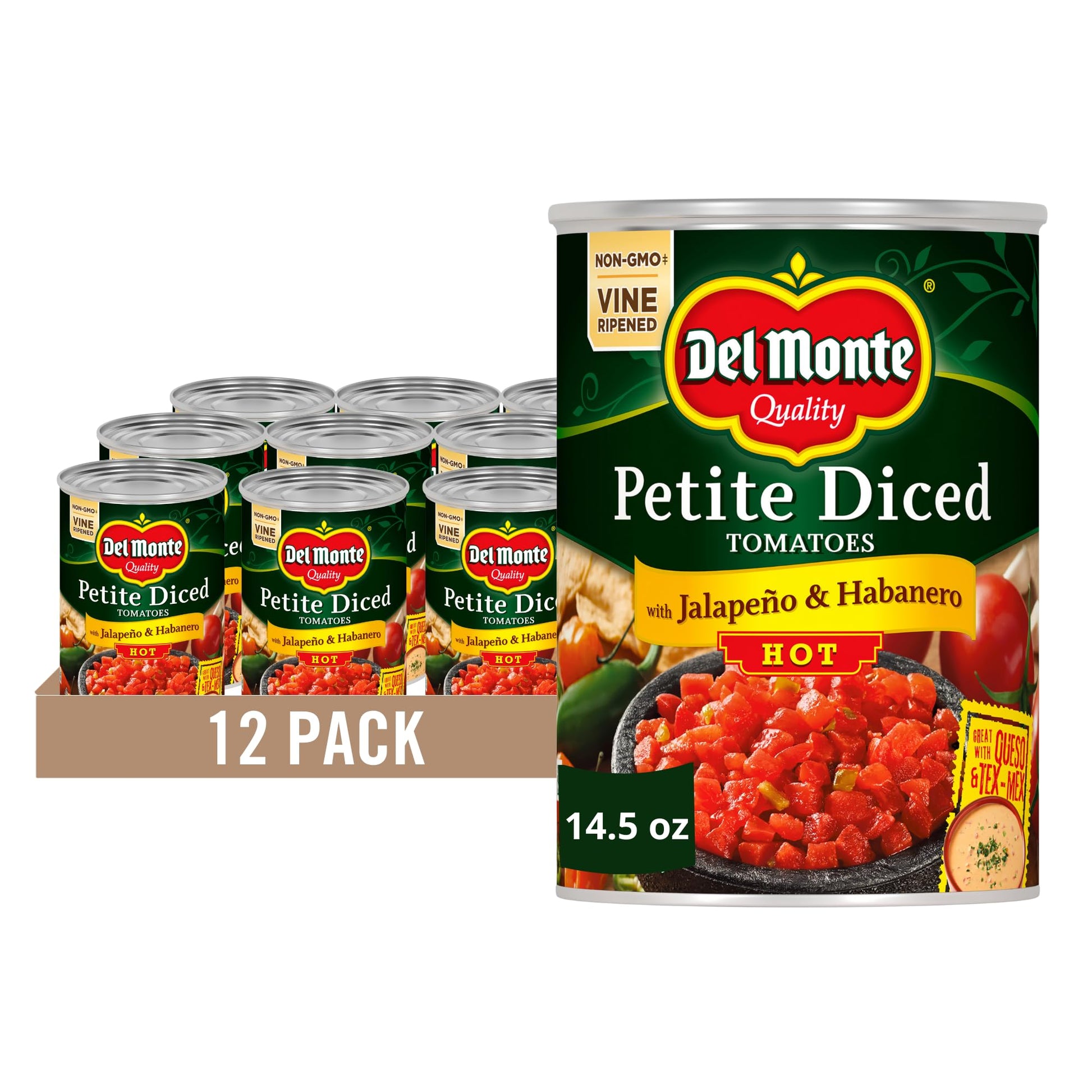 Del Monte Petite Canned Hot Diced Tomatoes with Jalapeno & Habanero, 14.5 Ounce (Pack of 12)