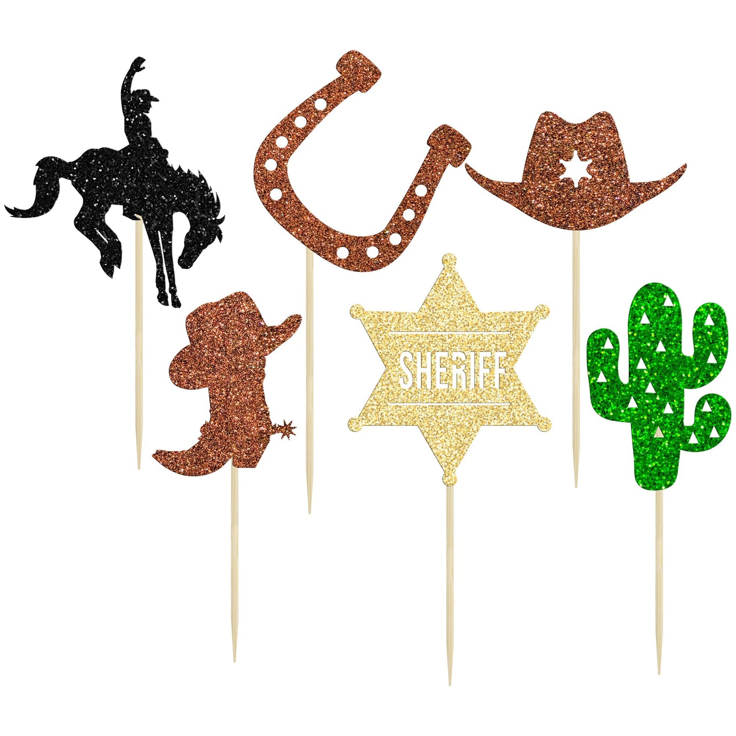 Gyufise Cowboy Cupcake Toppers, 24Pcs Glitter HorseShoe & Hats, Small, Brown, Paper Decorations for Western Theme Parties