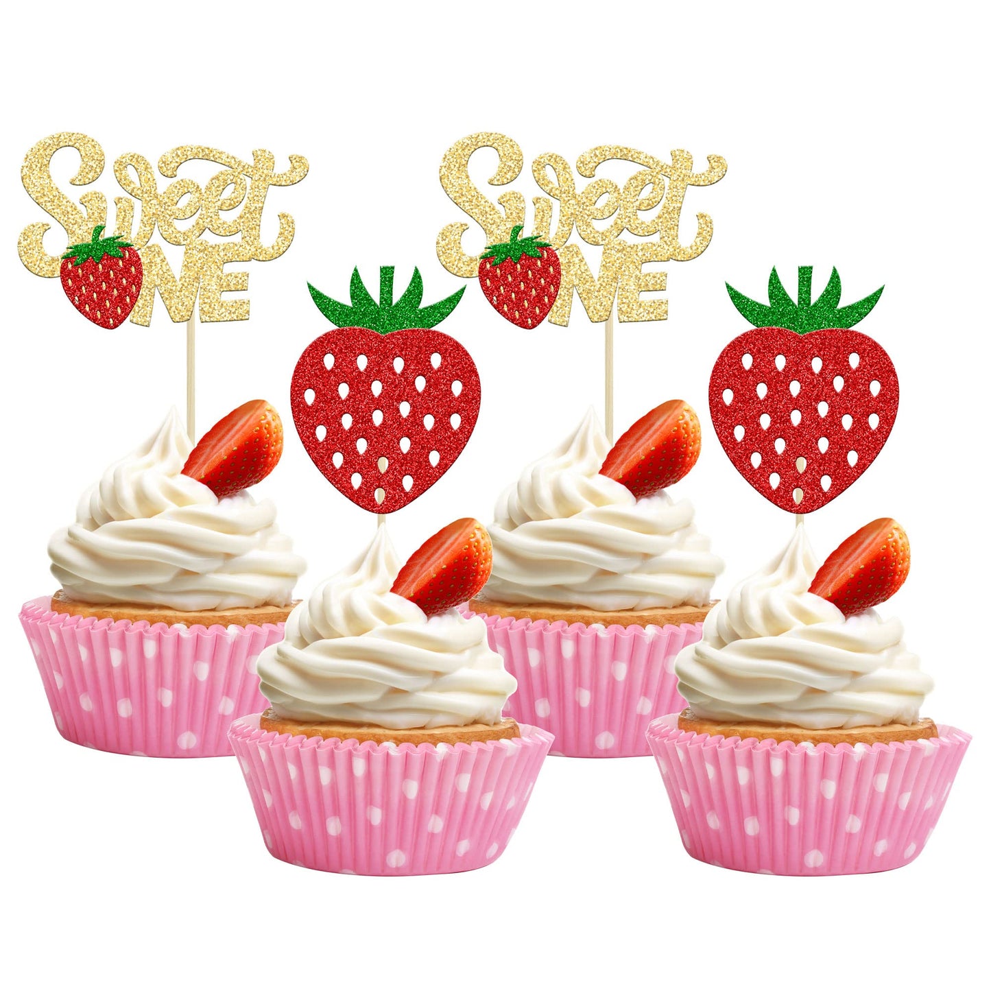 24Pcs Strawberry Sweet One Cupcake Toppers Glitter First Birthday Strawberry Cupcake Picks For Fruit Theme Baby Shower Kids 1St