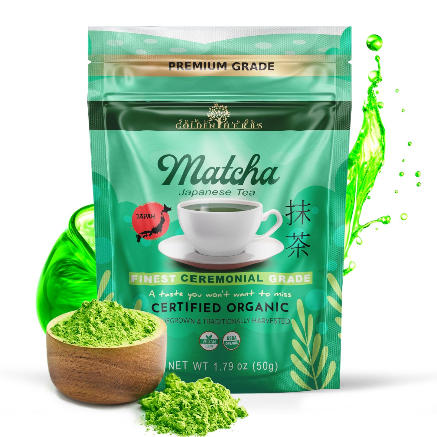 GOLDEN HERBS Matcha Green Tea Powder, USDA Organic, Gluten-Free, 60 Grams, Resealable Pouch