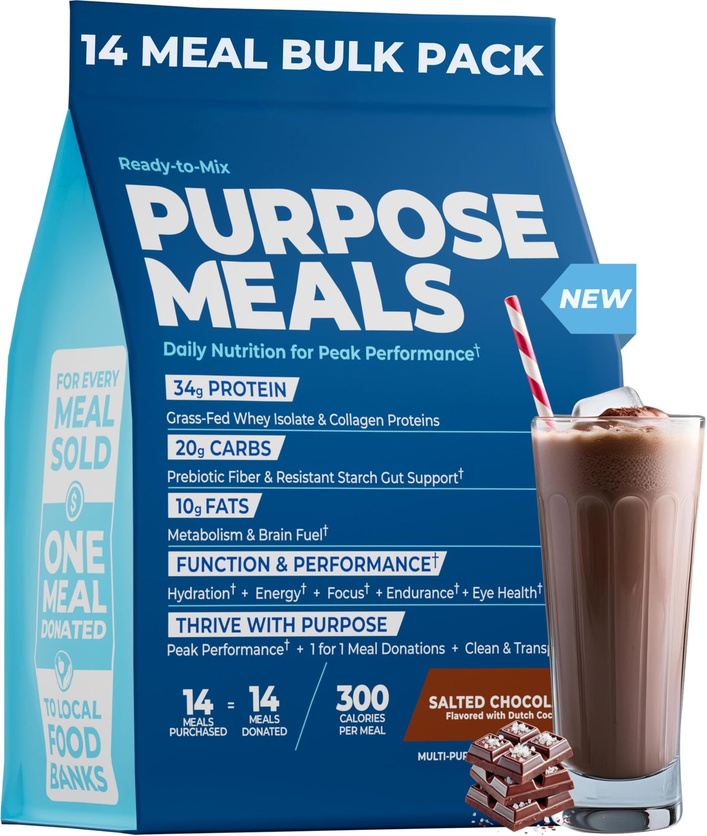Purpose Meals Meal Replacement Shake, Grass Fed Whey Protein Isolate, Creatine, Electrolytes, 37.53 oz, Salted Chocolate Flavor
