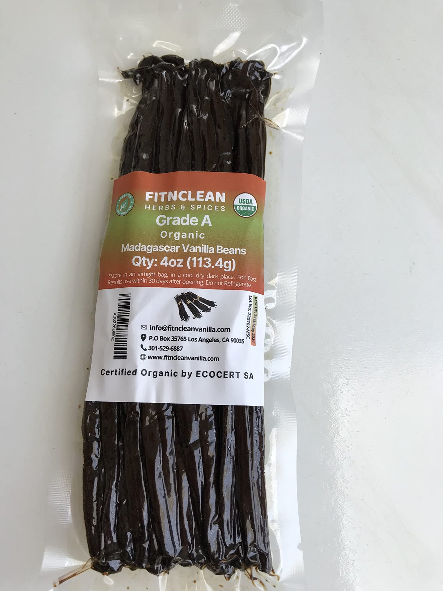 FITNCLEAN VANILLA 4oz Organic Madagascar Vanilla Beans Grade A Non-GMO Pods for Extract, Cooking, and Baking