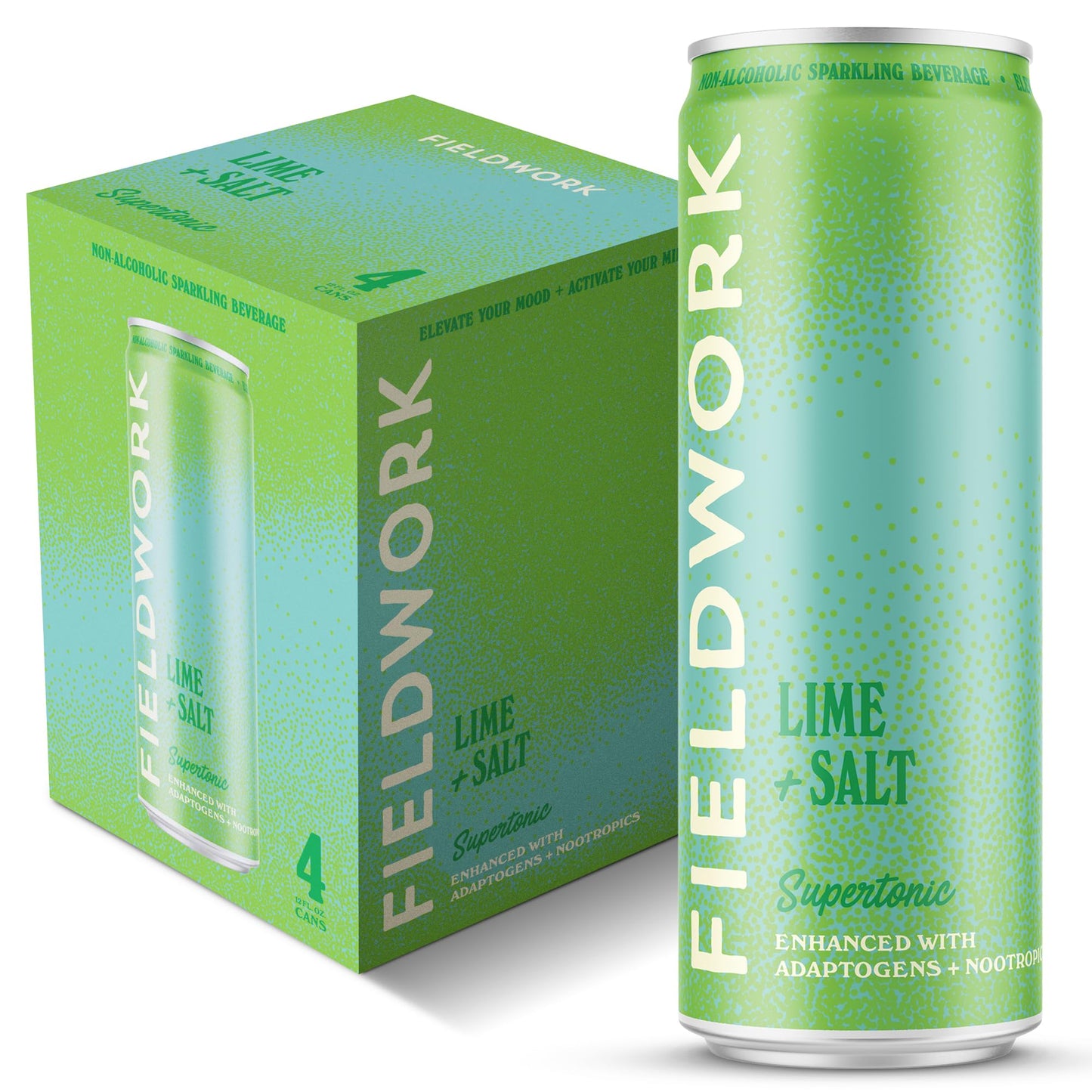 Fieldwork Adaptogen Sparkling Drink, Nootropics, Lime + Salt, 12 Fl Oz, Pack of 4 Cans