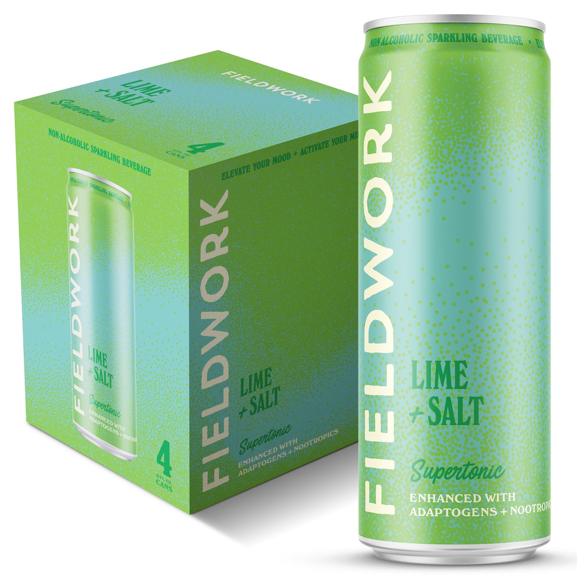Fieldwork Adaptogen Sparkling Drink, Nootropics, Lime + Salt, 12 Fl Oz, Pack of 4 Cans