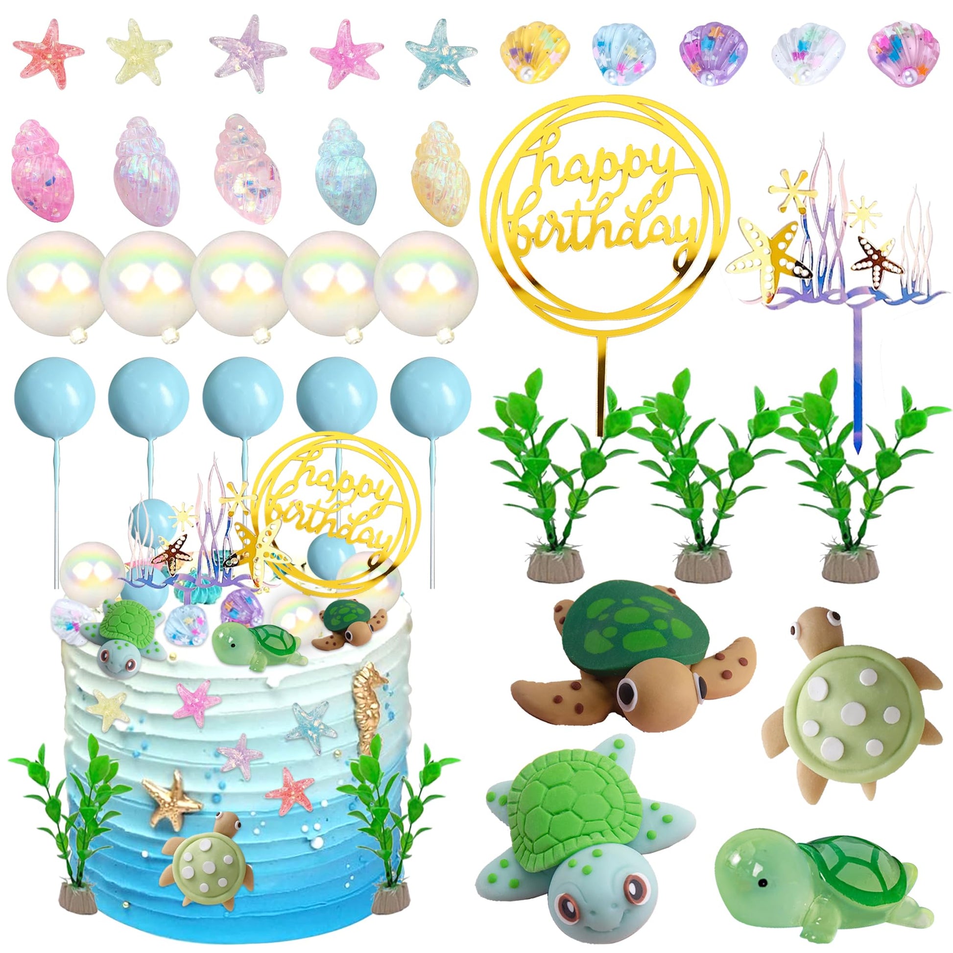 Ufromsky 34Pcs Turtle Cake Topper Under The Sea Cake Decoration With Ocean Turtle Starfish Conch And Seashells For Sea Theme Birthday Party Baby Shower Supplies