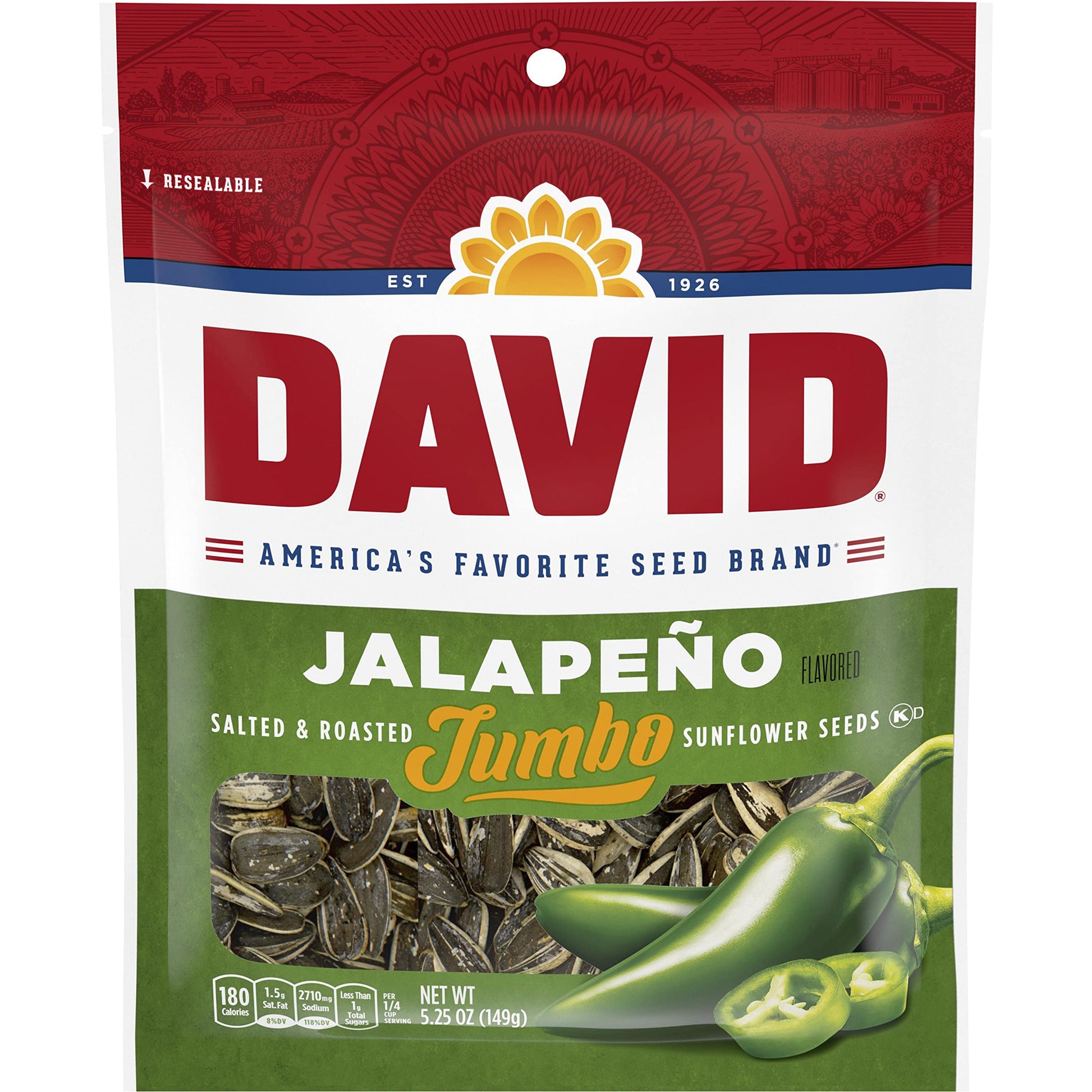 DAVID Roasted and Salted Jalapeo Jumbo Sunflower Seeds, 5.25 oz, 12 Pack