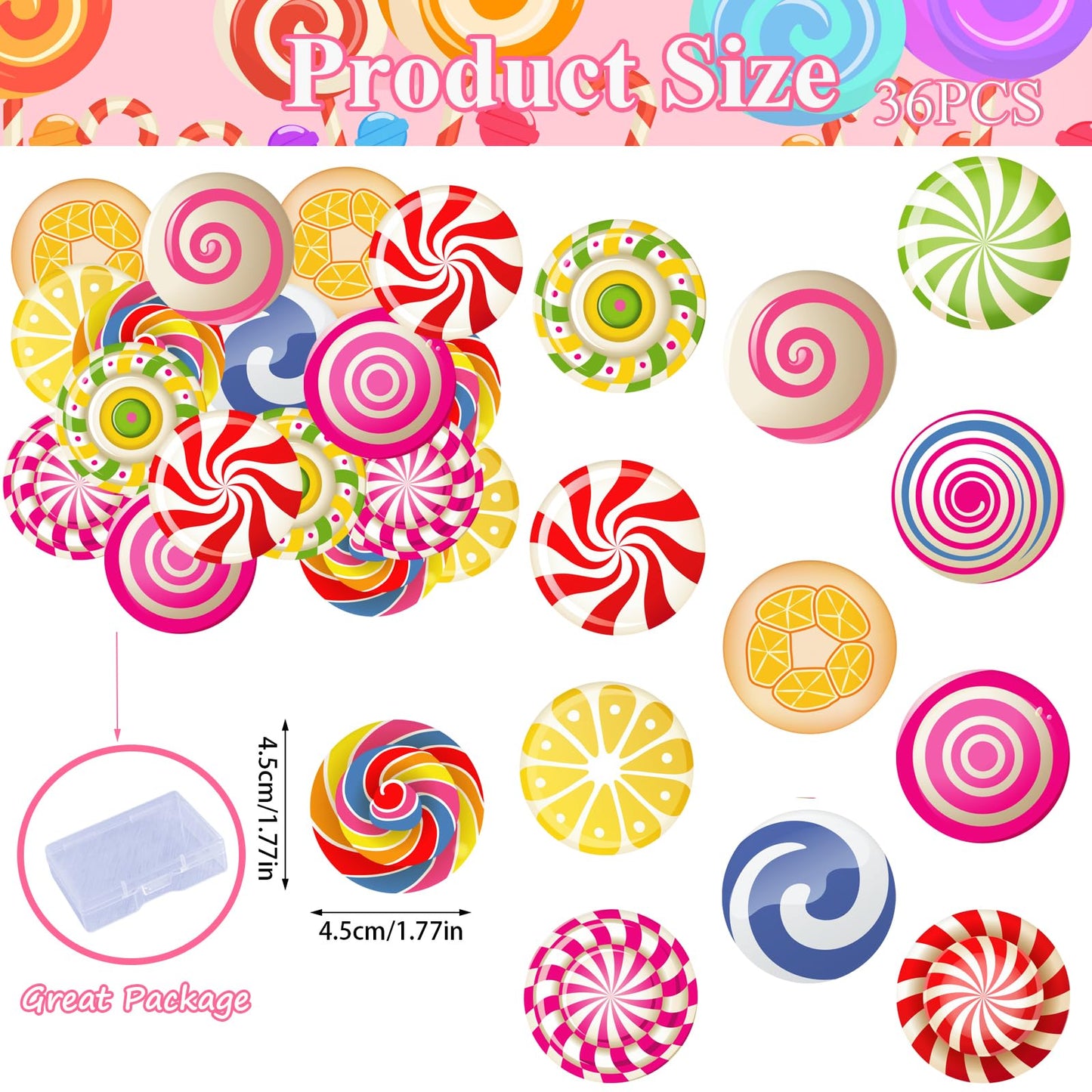 Fyeoxle 36Pcs Edible Candyland Cupcake Toppers Wafer Paper Lollipop Garland Cupcake Decor Wafer Sheet Edible Candy Dessert Picks