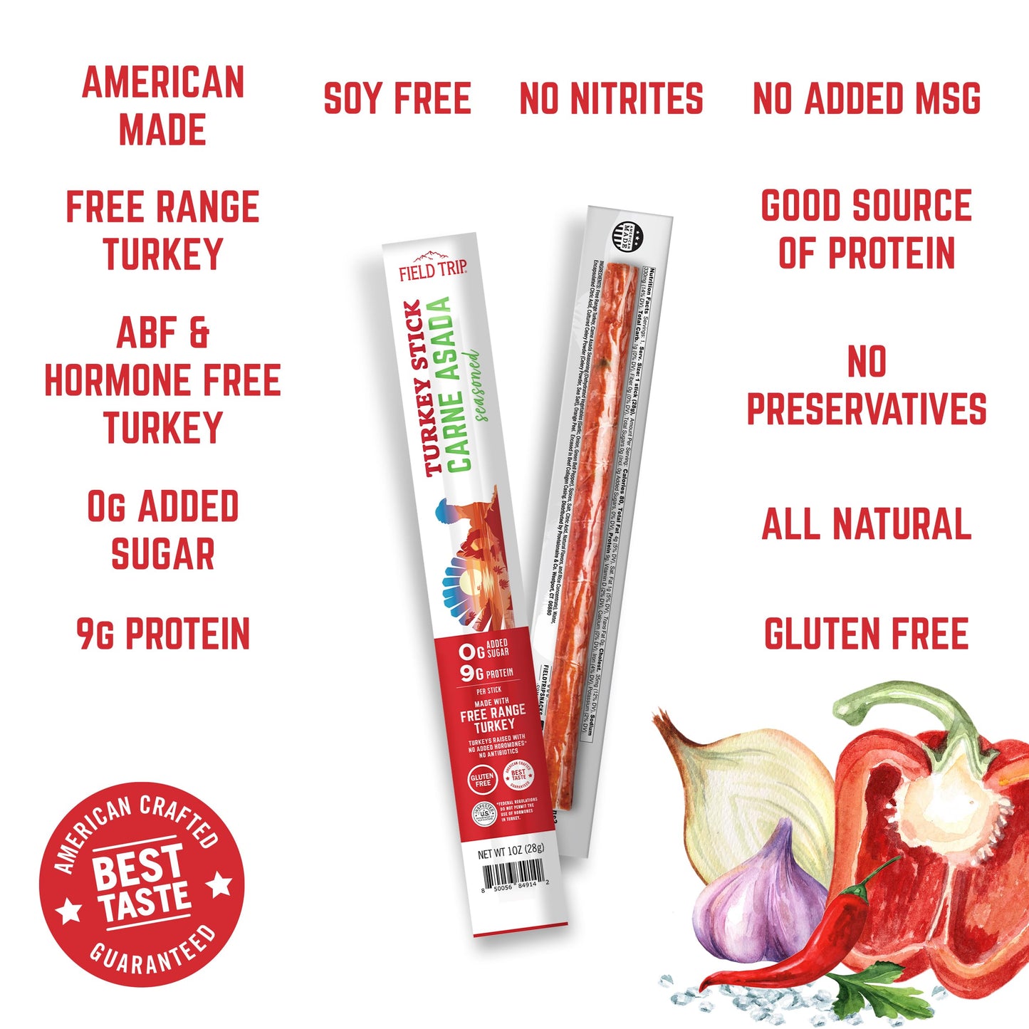 Field Trip Free Range Carne Asada Turkey Jerky Snack Sticks, Zero Sugar, Keto, Paleo, Gluten Free, Allergy Friendly Snack, High