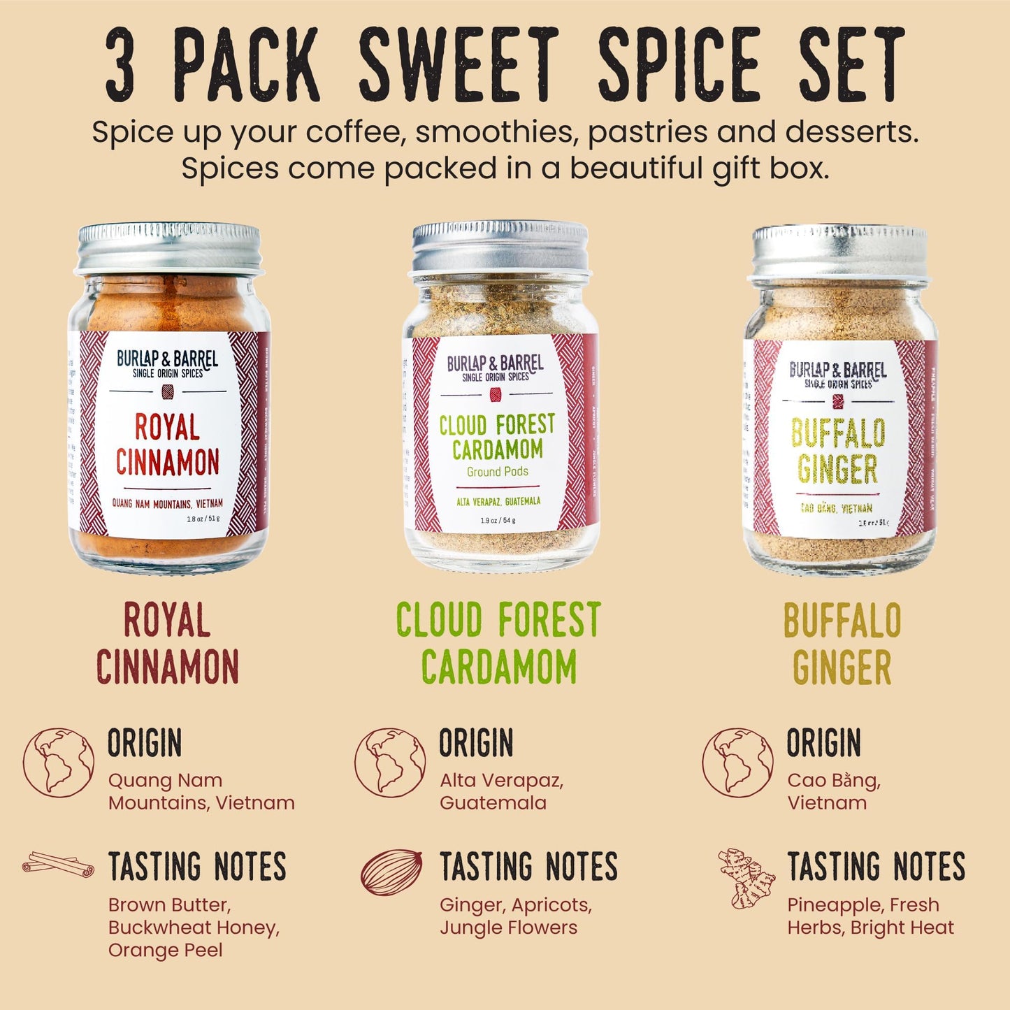 Burlap & Barrel Sweet Spice Set - 3 Full Size Jars of Cinnamon, Cardamom, Ginger - 1.83 oz Pack of 3