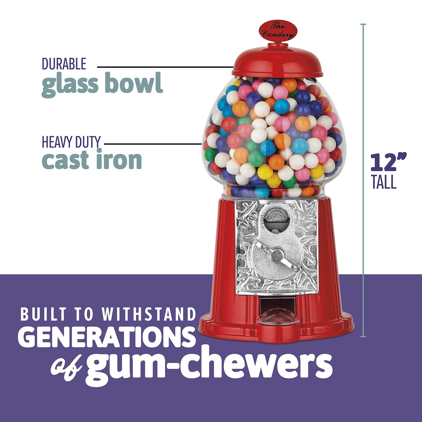 Gumball Machine - 12 Inch Candy Dispenser For 0.62 Inch Bubble Gum Ball And More - Vintage Heavy Duty Red Metal With Large Glass
