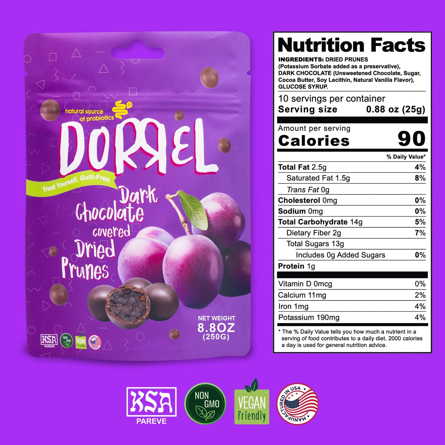 Dorrel Dark Chocolate Covered Dried Prunes - Nutritious And Sweet Snacks - Organic, Vegan - Natural Probiotic - Non-Gmo - Kosher