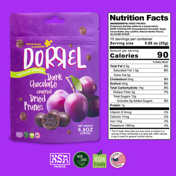 Dorrel Dark Chocolate Covered Dried Prunes - Nutritious And Sweet Snacks - Organic, Vegan - Natural Probiotic - Non-Gmo - Kosher
