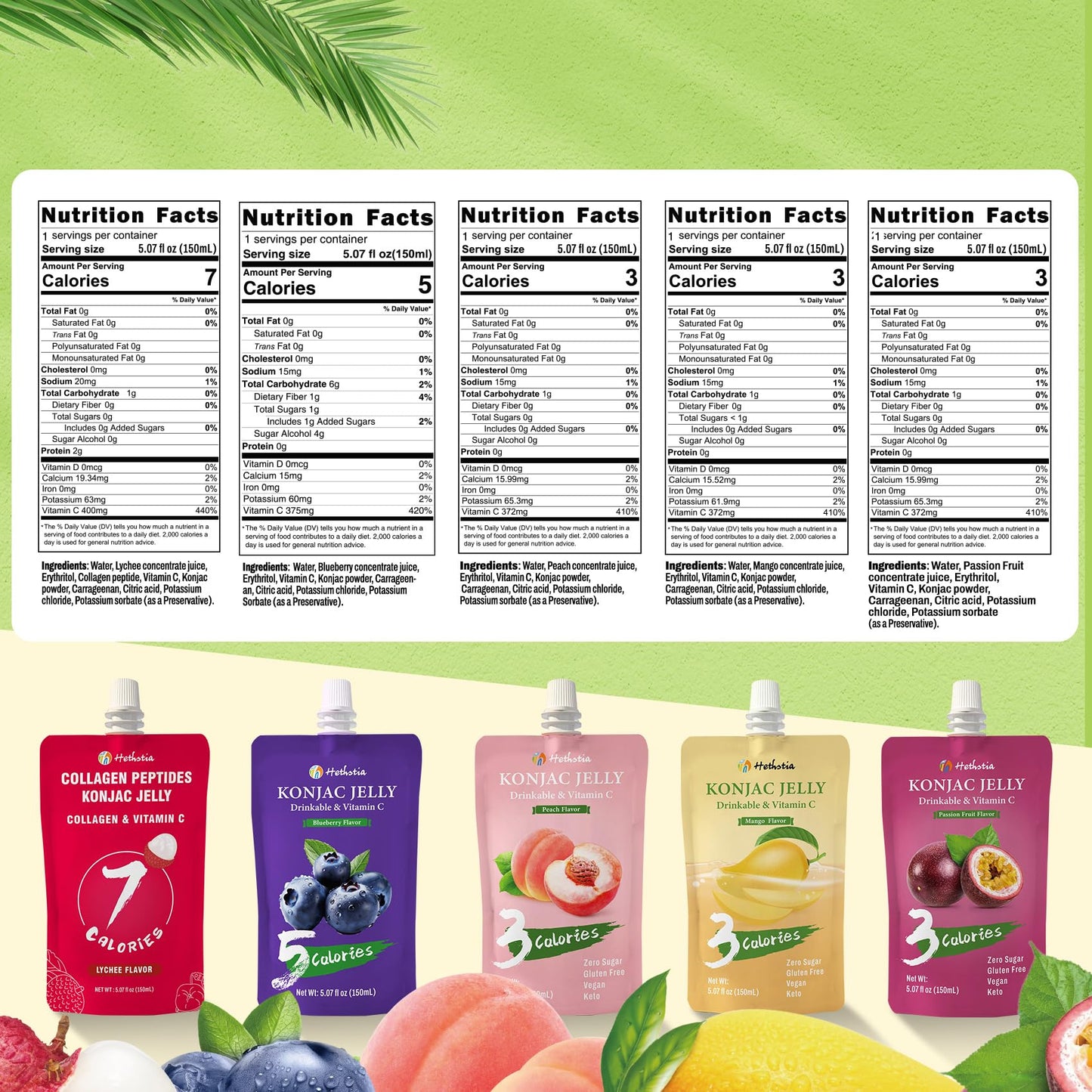 Hethstia Konjac Jelly Pouch Drinkable Variety Pack - Low Calorie, Gluten-Free, Vegan, Keto, Vitamin C, 10 Pack - Lychee, Blueber