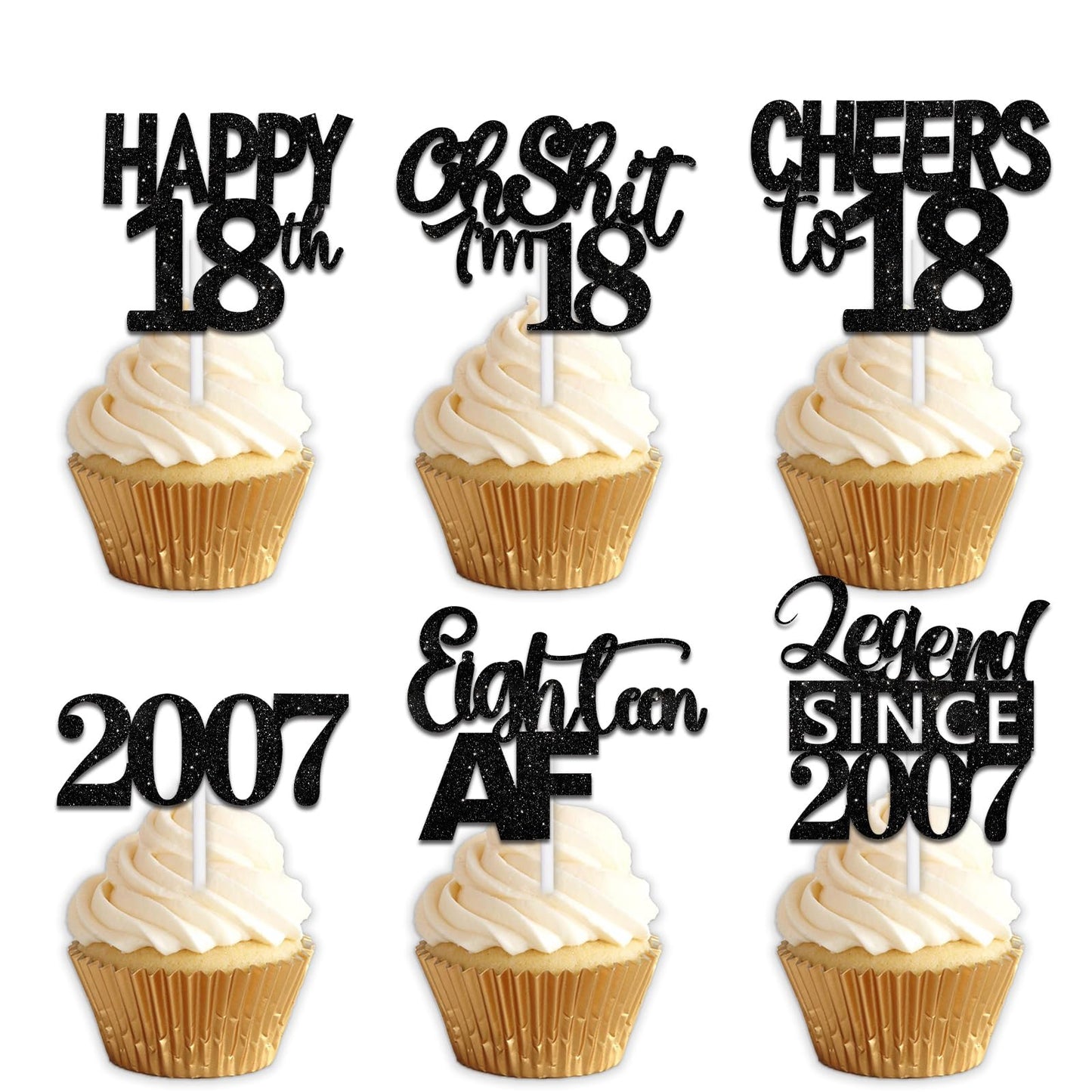 18pcs Black Glitter Happy 18th Dessert Cupcake Topper Pick for Funny Legend Since 2007 Theme Decor Supplies Men Women Happy 18 B
