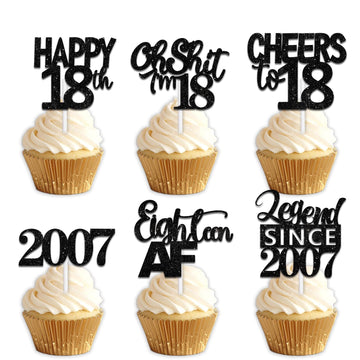 18pcs Black Glitter Happy 18th Dessert Cupcake Topper Pick for Funny Legend Since 2007 Theme Decor Supplies Men Women Happy 18 B