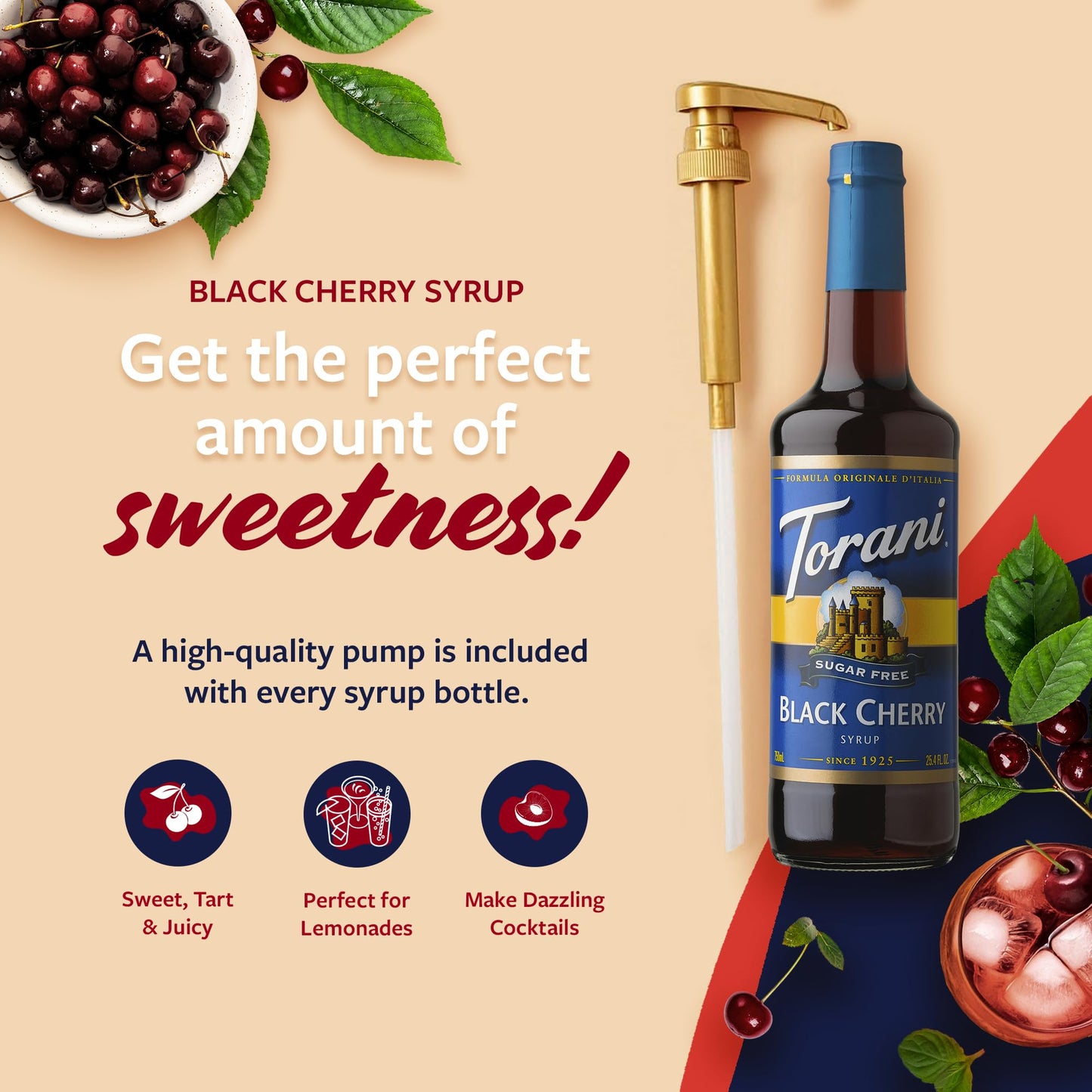 Torani Sugar Free Syrup, Black Cherry Flavored Syrup For Drinks, Zero Calorie, Glass Bottle With Pump Included, 25.4 Fl Oz