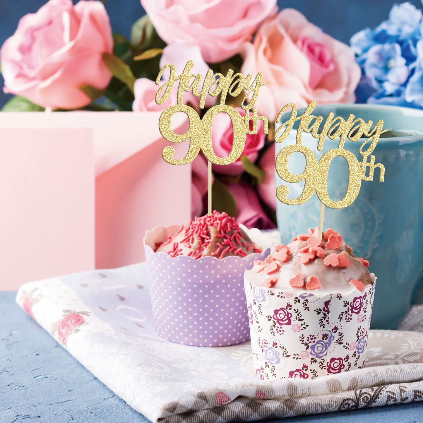 Gyufise 24Pcs Happy 90Th Cupcake Toppers Glitter Number 90 Ninety Cheers To 90 Cupcake Food Picks Decorations For 90Th Birthday