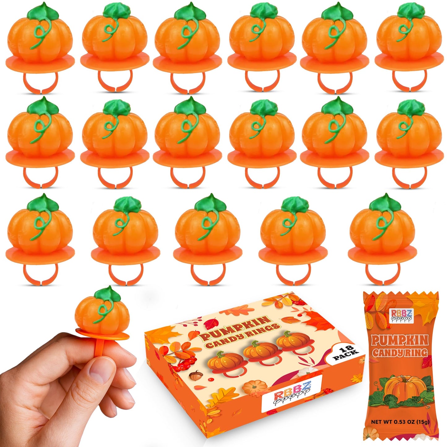 Pumpkin Candy 3D Ring Pops - 18 Individually Wrapped Suckers Bulk Pack - Fall Candy Party Favors - Thanksgiving Treats