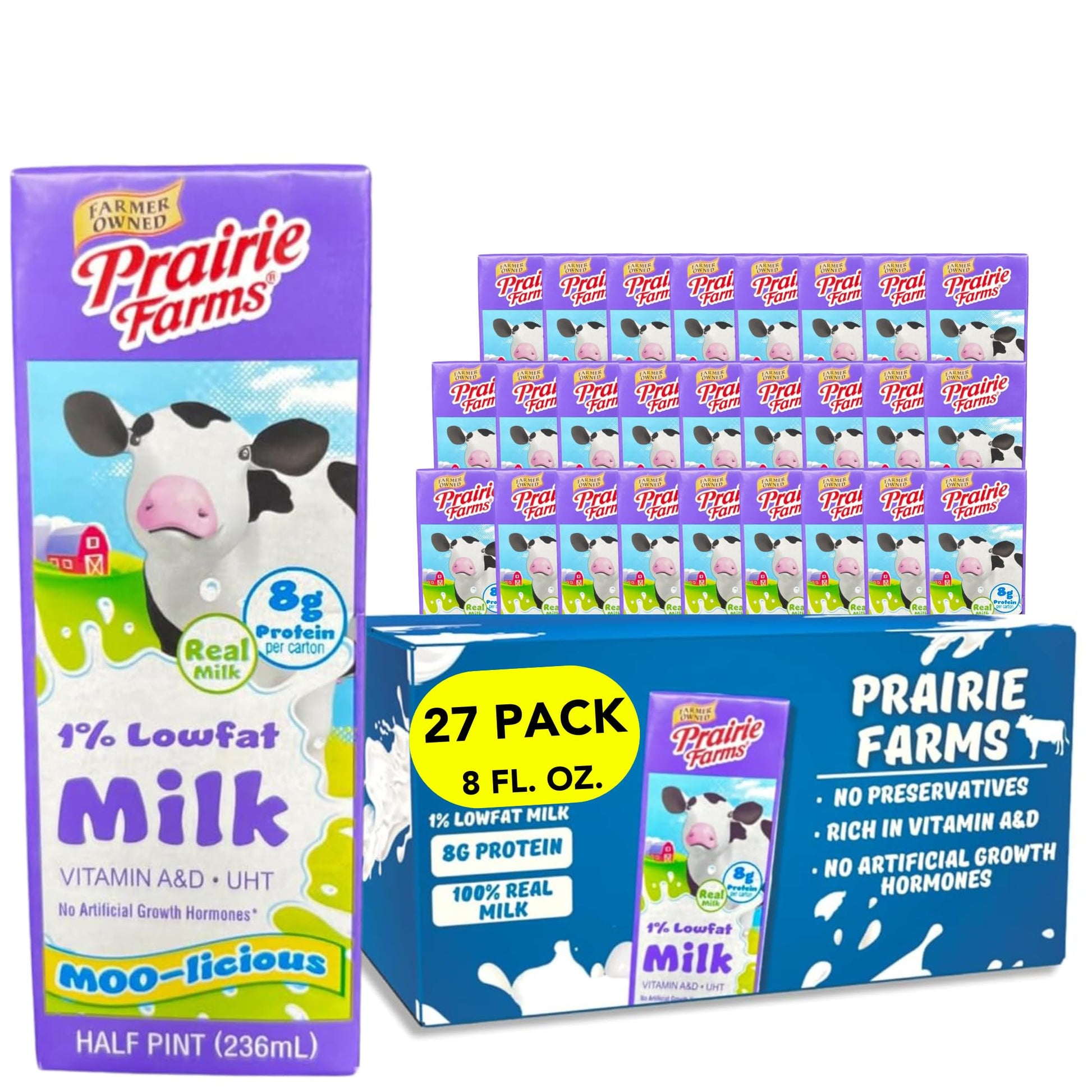 Prairie Farms 1% Low Fat Shelf Stable Milk, UHT, Vitamin D, 8 Fl Oz, 27 Pack